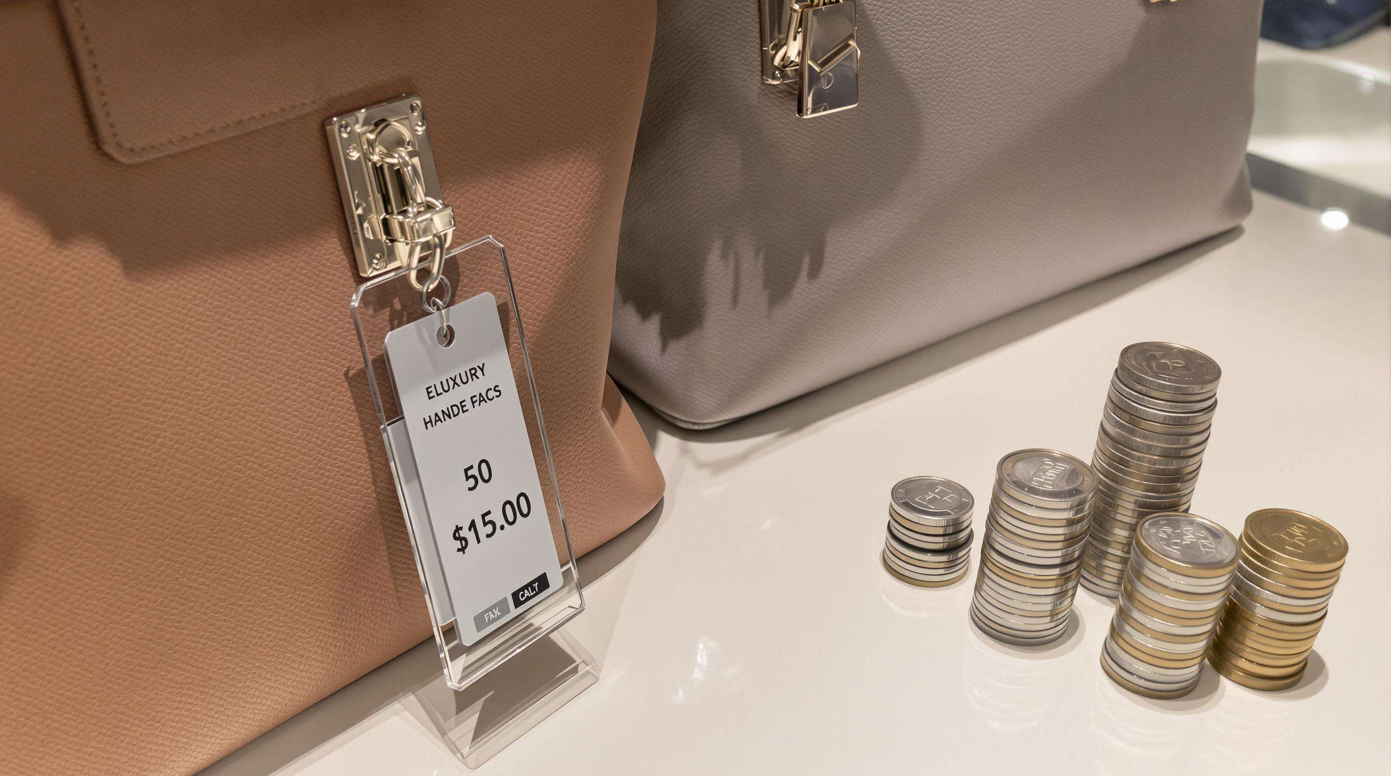 Two luxury handbags on display symbolizing pricing and margin strategies with subtle financial cues