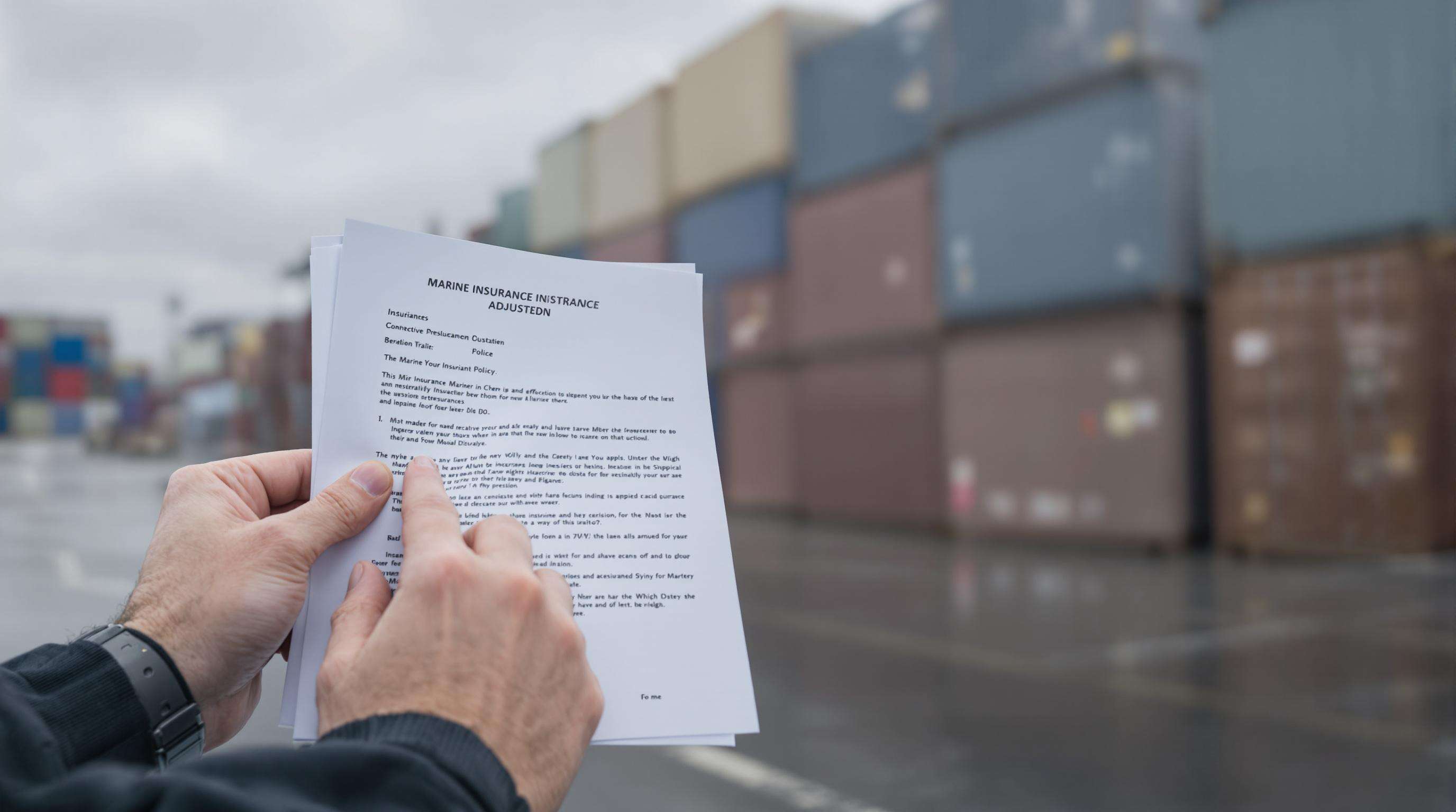 Insurance professional reviewing documents with a shipping container yard in the background