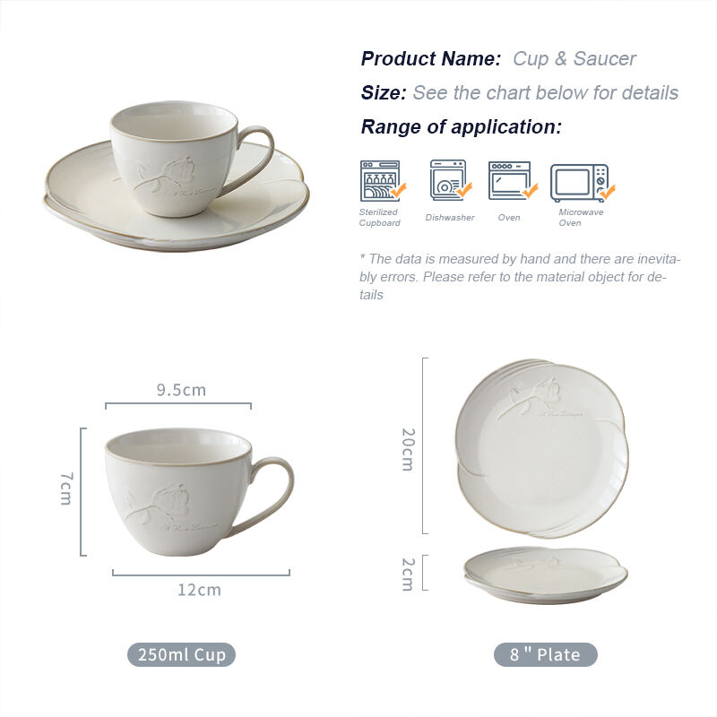 Contemporary Reactive Gray Glaze Elegant Embossed Rose Flower Ceramic Tea & Coffee Cup with 8-Inch Dessert Plate supplier