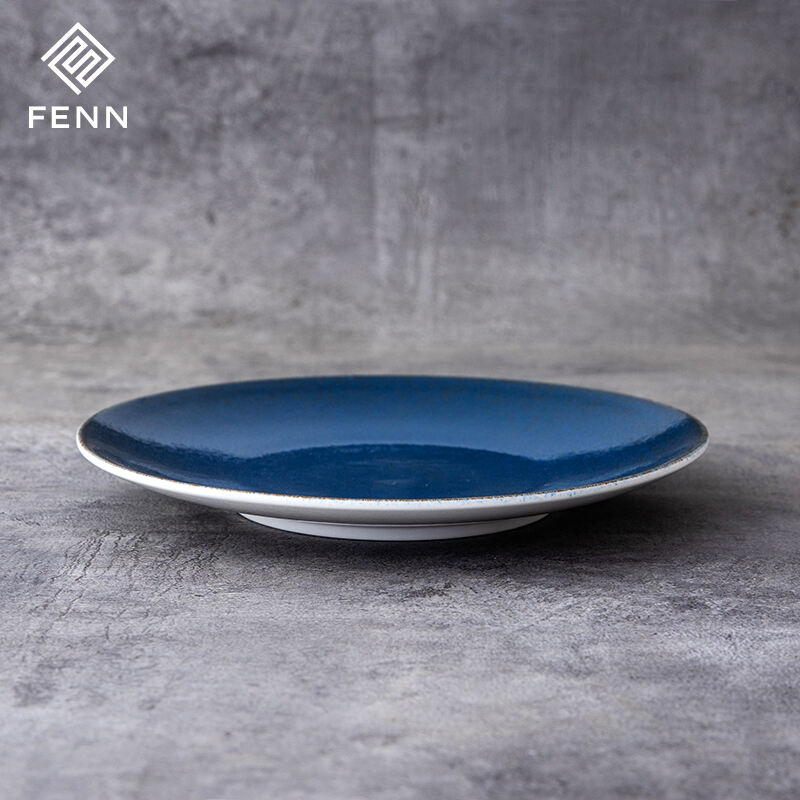 European Reactive Blue Color Round Steak Plate Platos Para Hotel Porcelain Dinning Flat Plate Ceramic For Wedding Hotel supplier