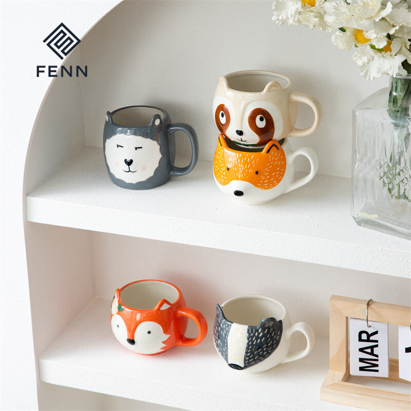 2Pcs 14oz Unique Animal Fox Cat Shape Handpainted Ceramic Present Mug 3D Animal Modle Porcelain Cute Coffee Mug details