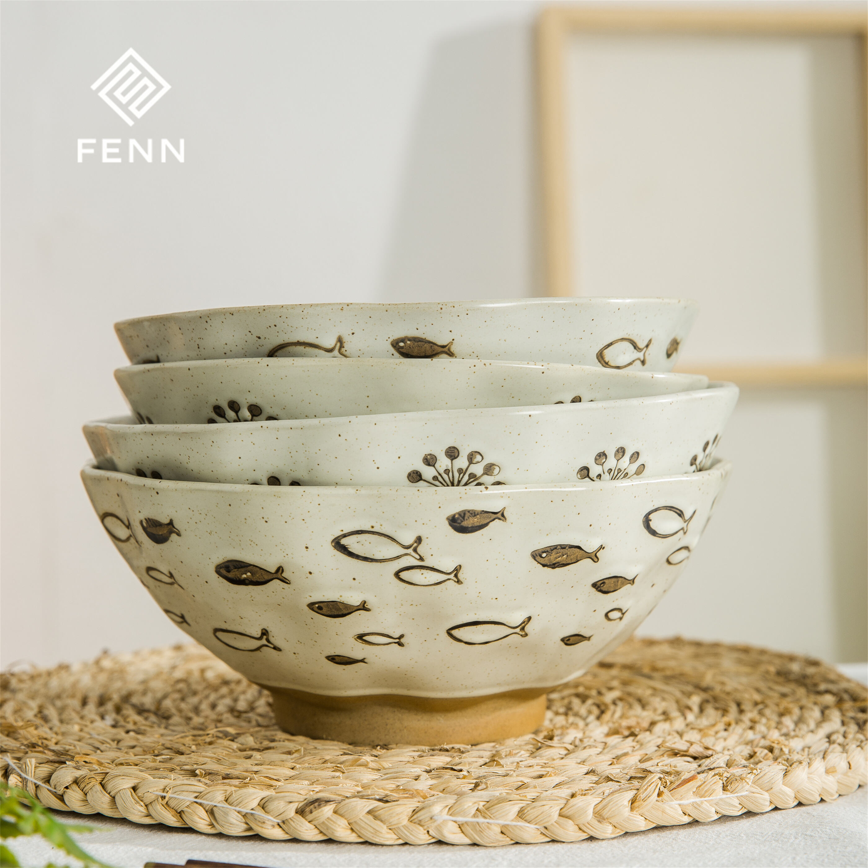 Rustic Style Engraving Fish Flower Pattern 8/9 Inch Ceramic Soup Noodle Ramen Bowl For Restaurant Household factory