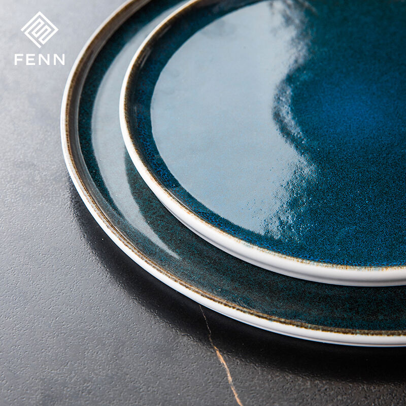 Modern Unique Reactive Blue Color Dining Room Dinner Plates High Straight Edge Round Steak Plate Hotel Used Pasta Plate Ceramic factory