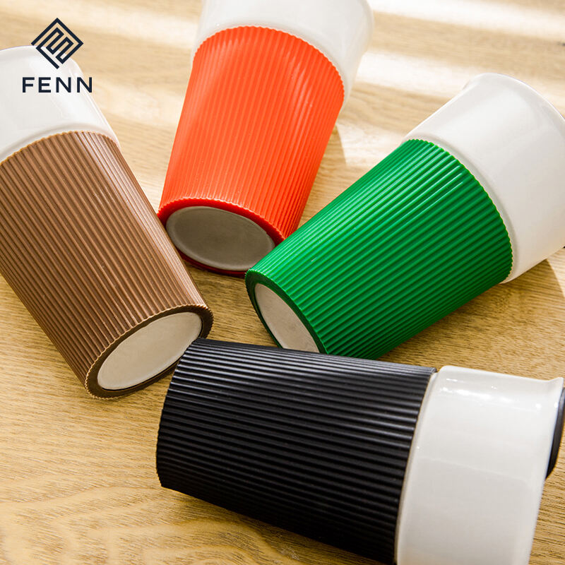 Reusable convenient handleless travel water mugs custom logo ceramic travel coffee mugs with lid and silicone sleeve factory