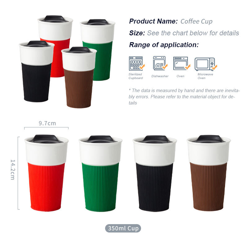 Reusable convenient handleless travel water mugs custom logo ceramic travel coffee mugs with lid and silicone sleeve details