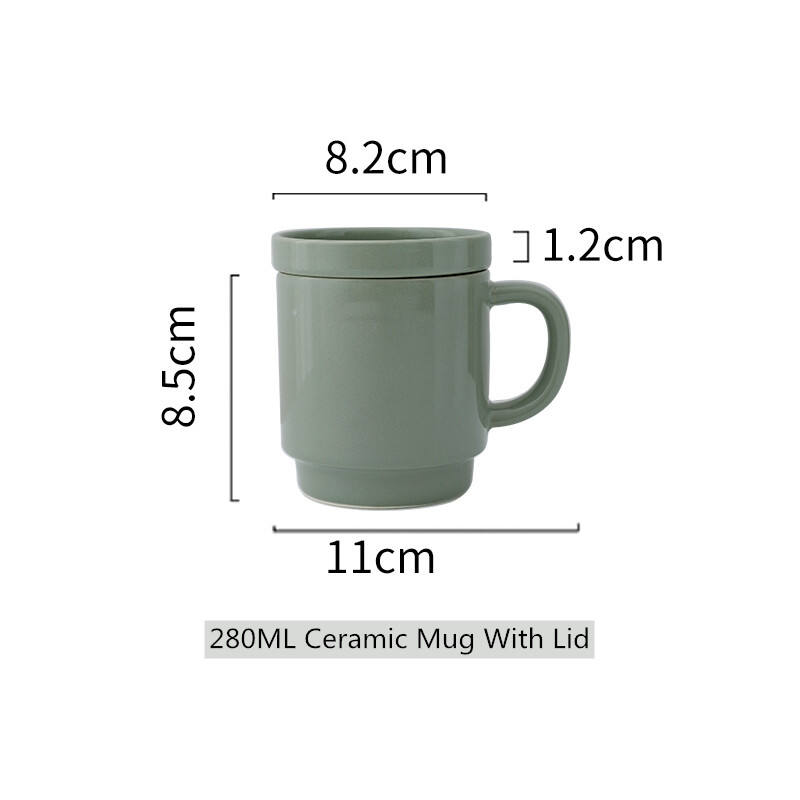 Nordic style glossy green glaze presents handgrip shape travel ceramic coffee mug with lid supplier