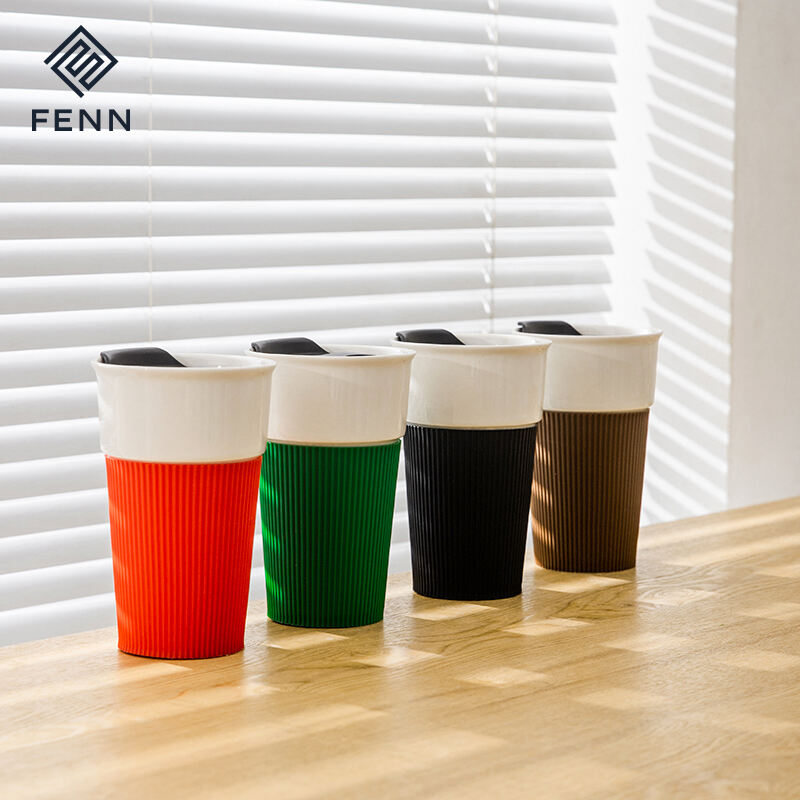 Reusable convenient handleless travel water mugs custom logo ceramic travel coffee mugs with lid and silicone sleeve details