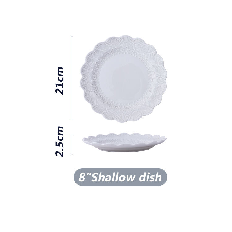 New fashion 5.5/8/10 inch white porcelain dishes plates customizable embossed shallow dish ceramic dinner plate for hotel supplier