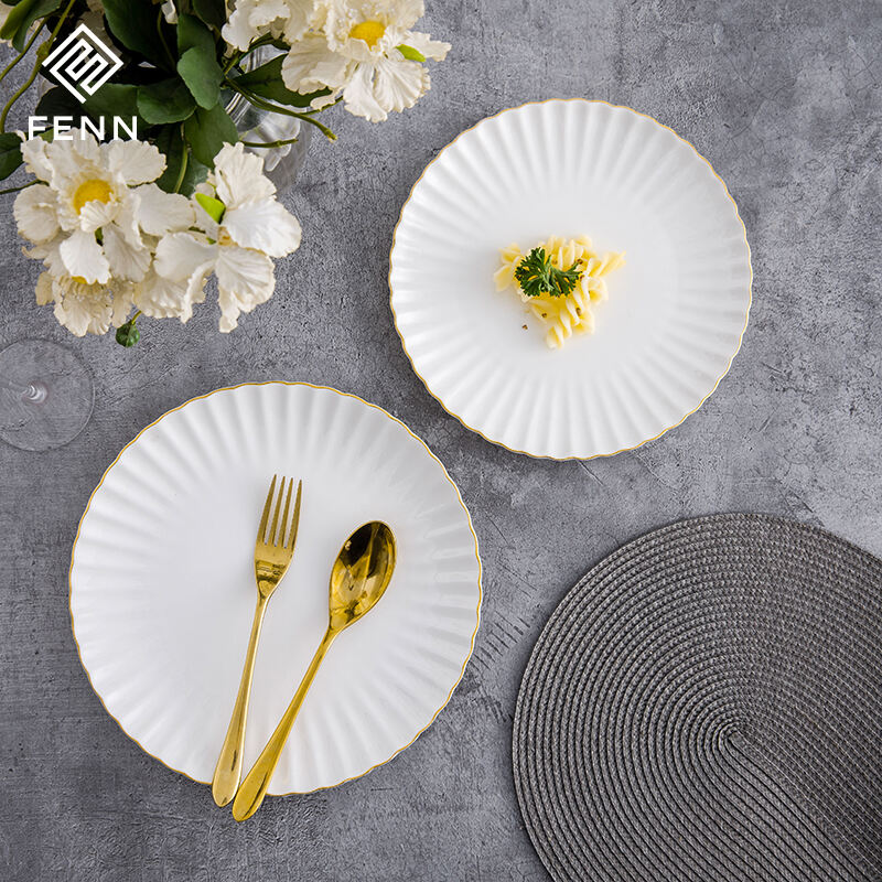 8/10 Inch Luxury Gold Edge Wedding Dinner Charger Plates Glossy New Bone China Wedding Ceramic Salad Dinner Dishes Plates details