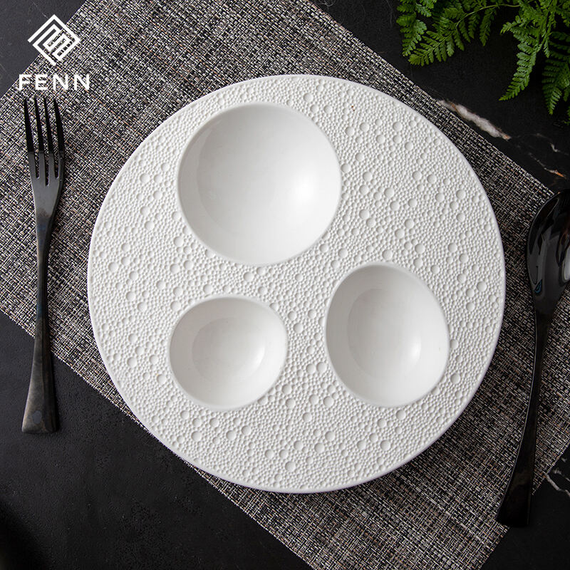 Unique Shape Nordic White Porcelain Egg Shape Lunar Surface Soup Platter Hotel Restaurant Used Wholesa Ceramic Appetizer plate details