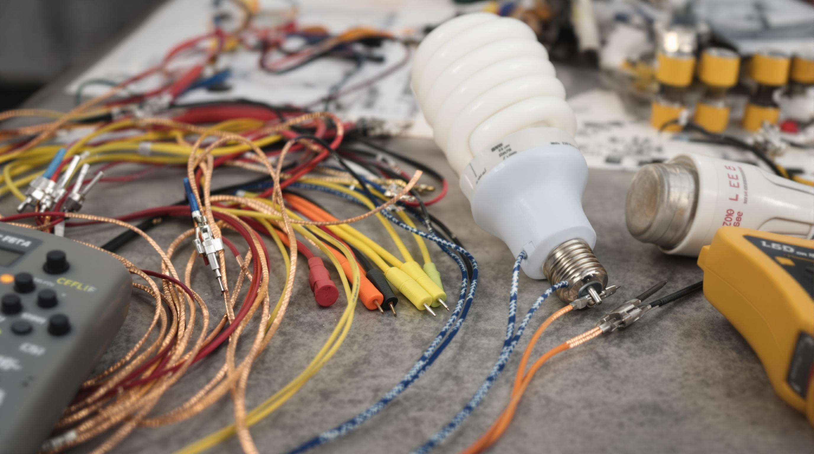 Electrician examining various stranded wires and lighting fixtures with copper detail