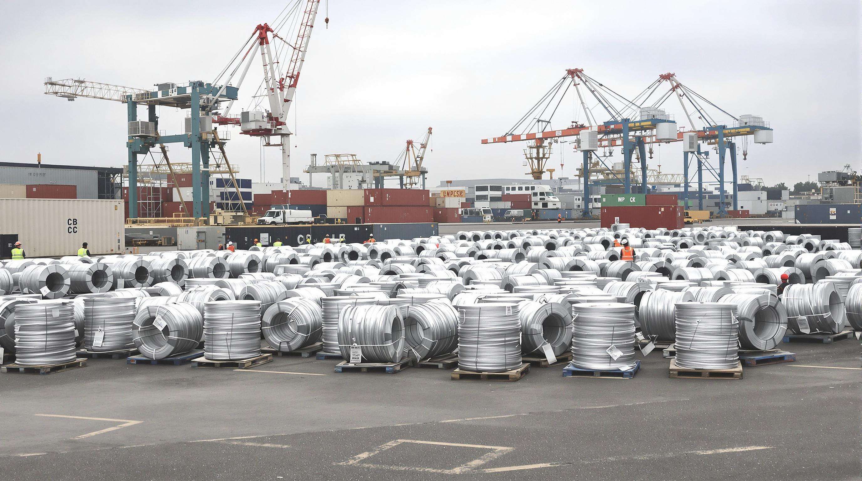 Shipping yard with aluminum cable spools being prepared for export, workers and cranes in view