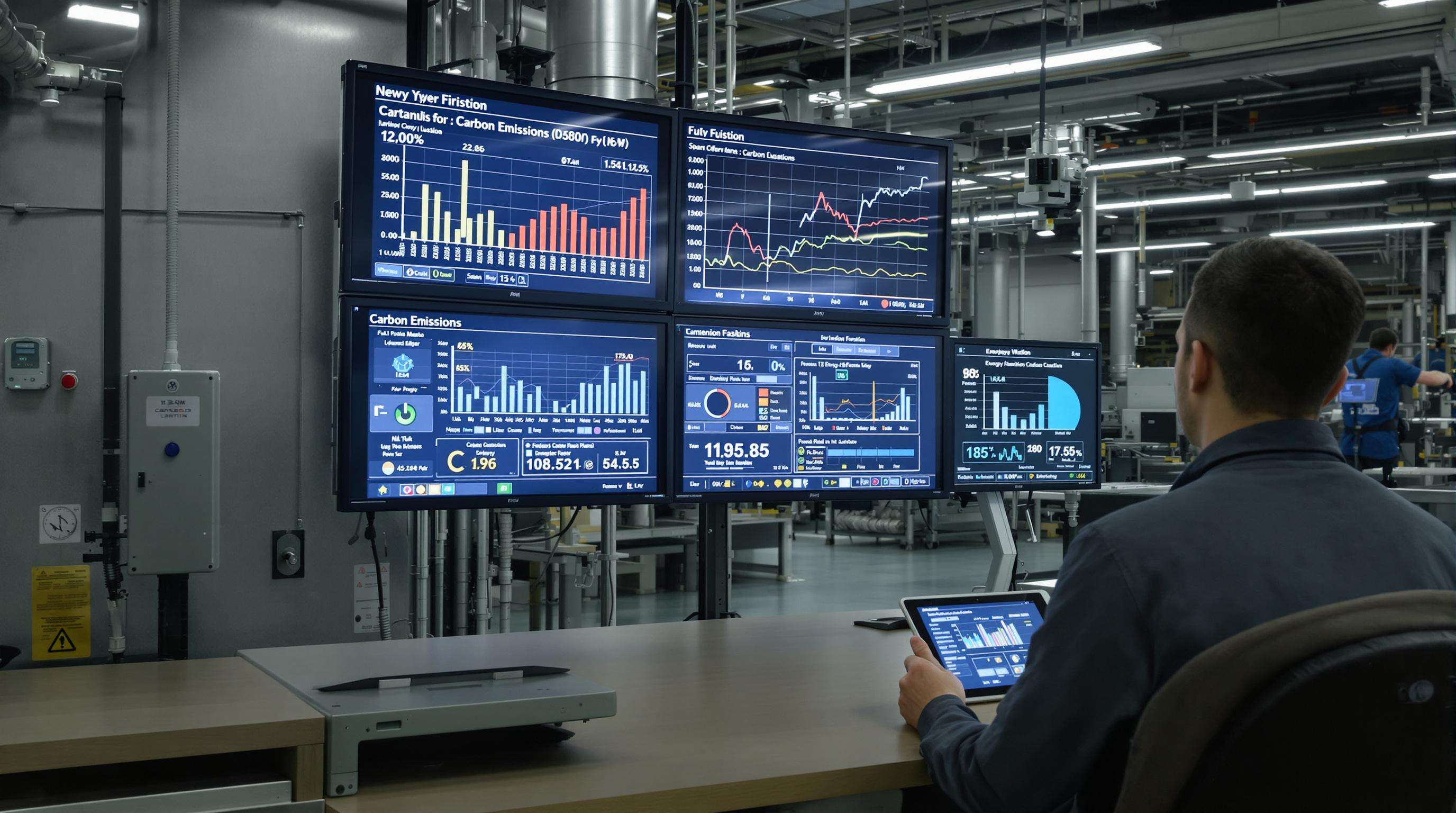 Technician in a manufacturing control room monitors real-time energy and emissions data screens