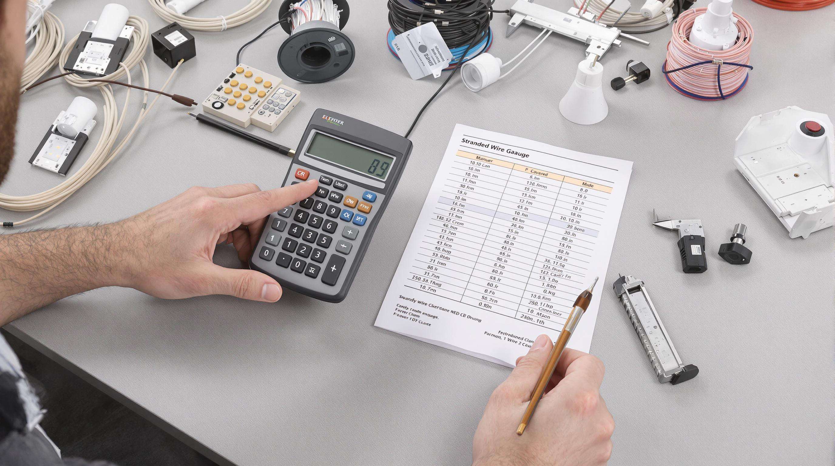 Engineer calculating wire size using calipers, calculator, and reference materials