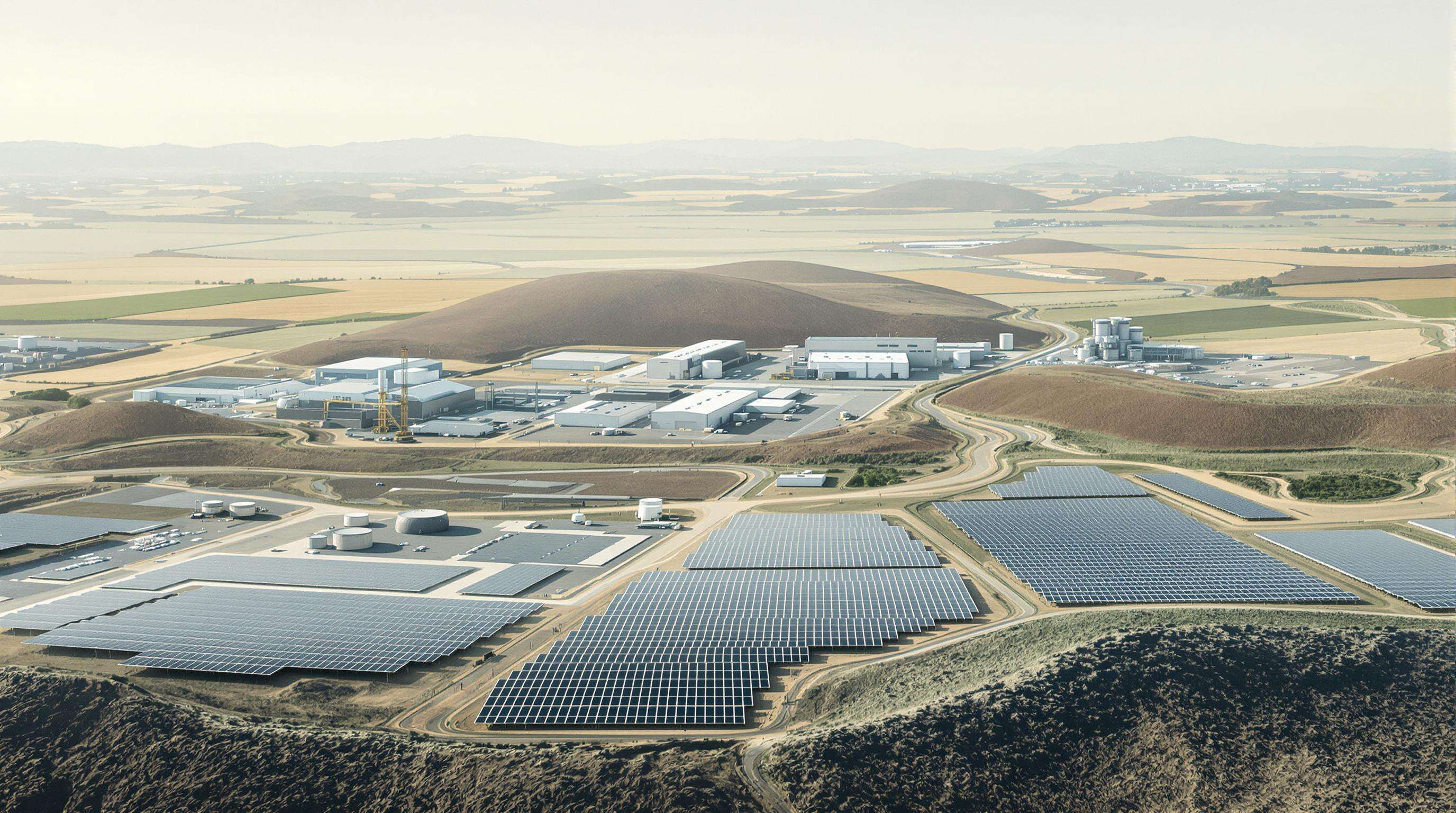 Composite landscape showing all life cycle stages of CCA wire from mining to recycling in a solar energy setting