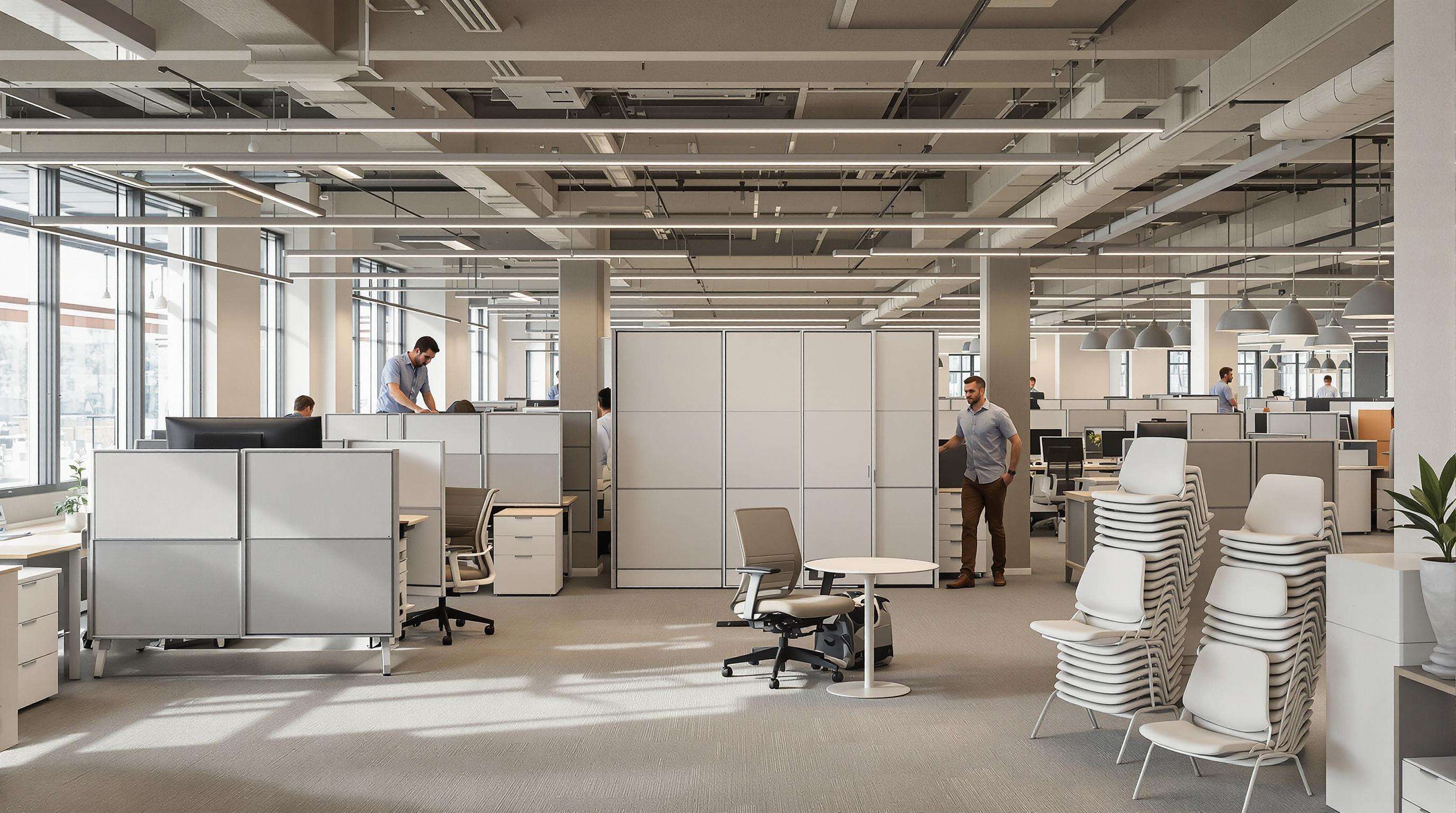 Photorealistic scene of employees easily reconfiguring modular office furniture in a flexible workspace