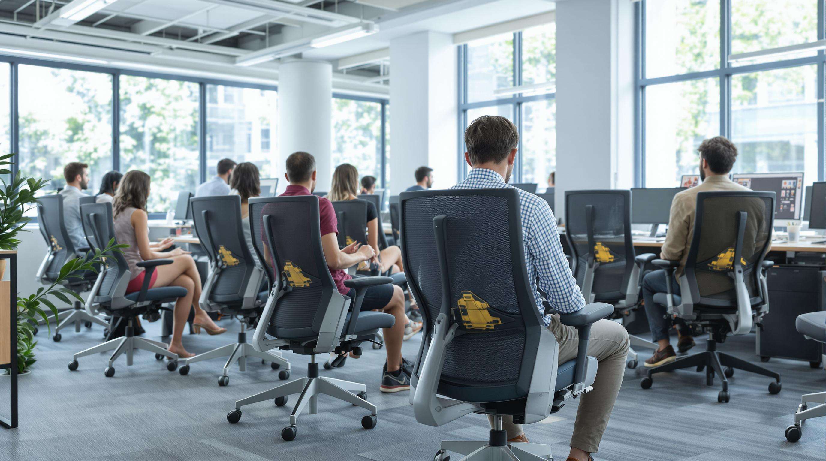 Office workers sitting comfortably in certified ergonomic chairs, showing proper posture and support.