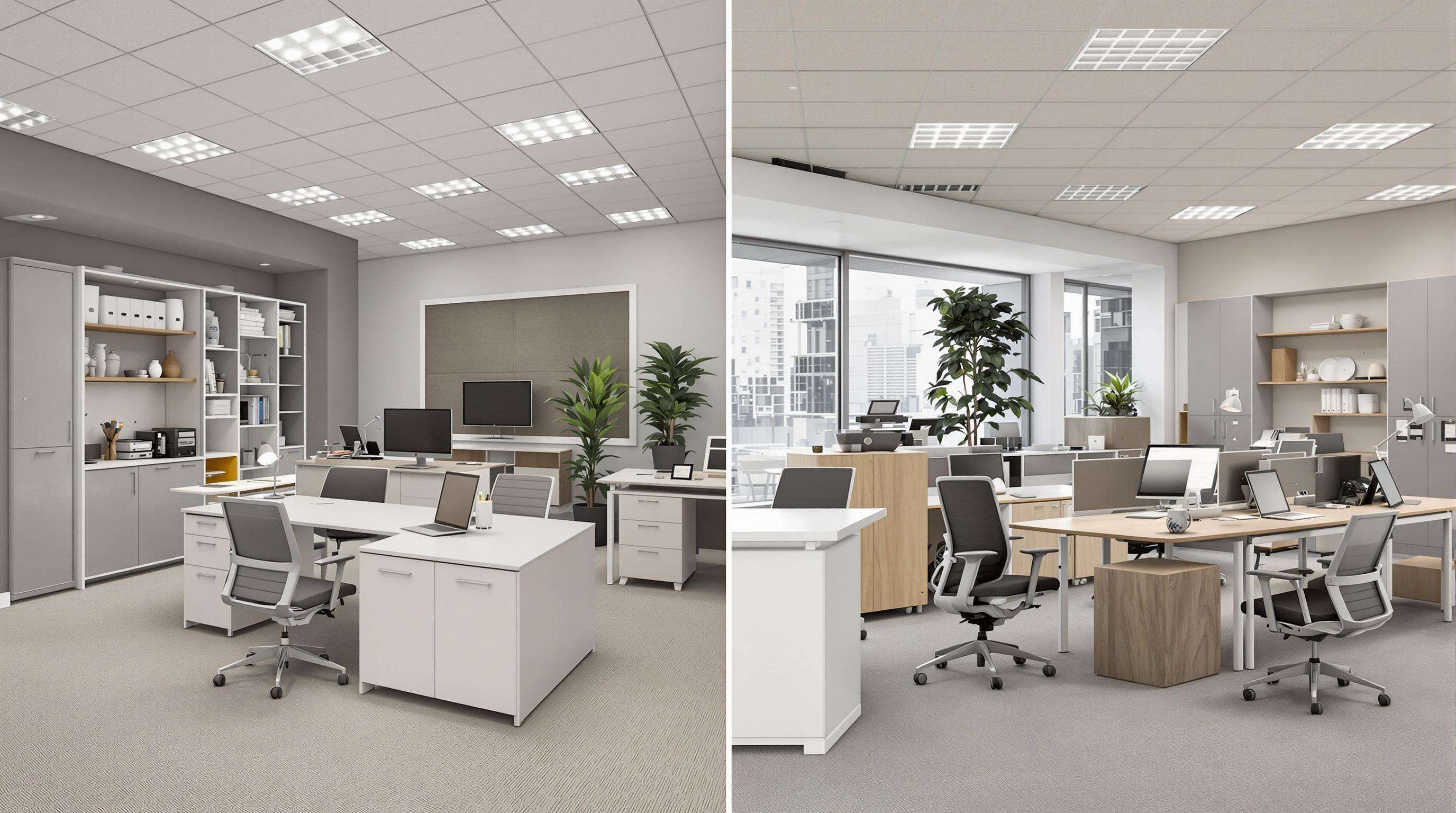 Photorealistic comparison of durable OEM office furniture versus worn generic pieces in two office setups