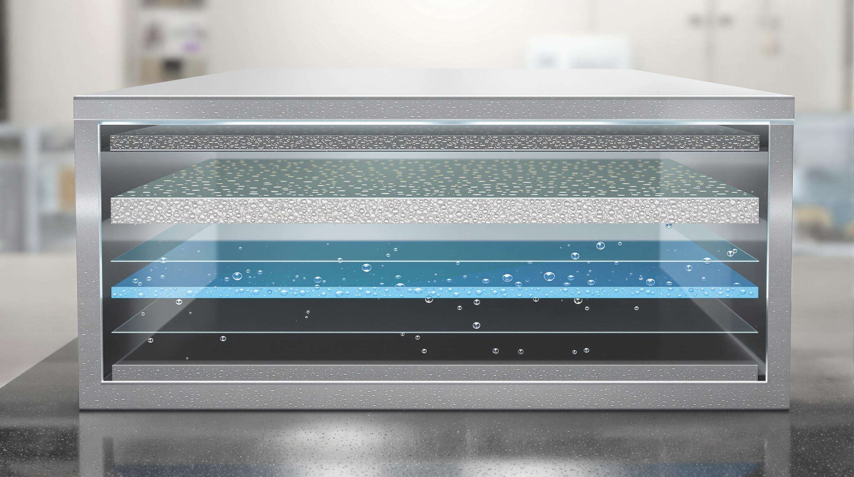 Cross-section of steel cabinet panel showing layered protective coatings with seawater droplets