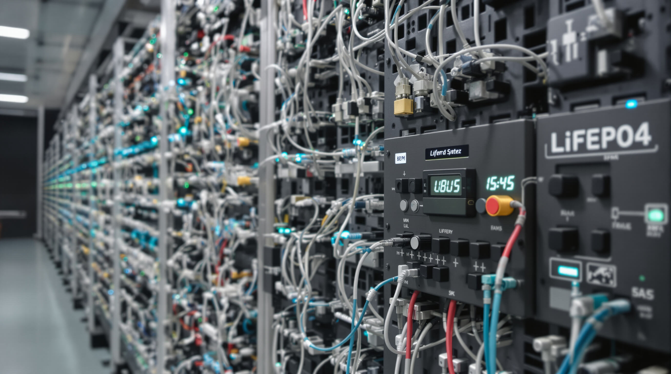 LiFePO4 battery modules connected to BMS with visible sensors and monitoring wiring in a clean technical room