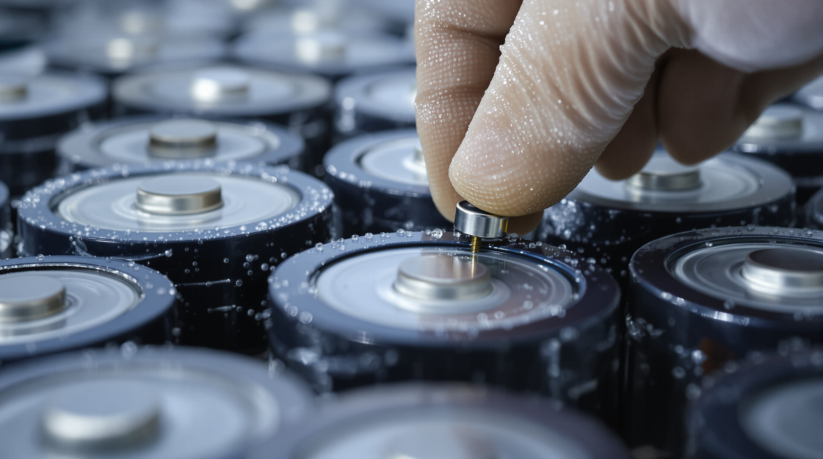 Gloved hand inspecting battery cells with temperature sensors, highlighting minimal degradation