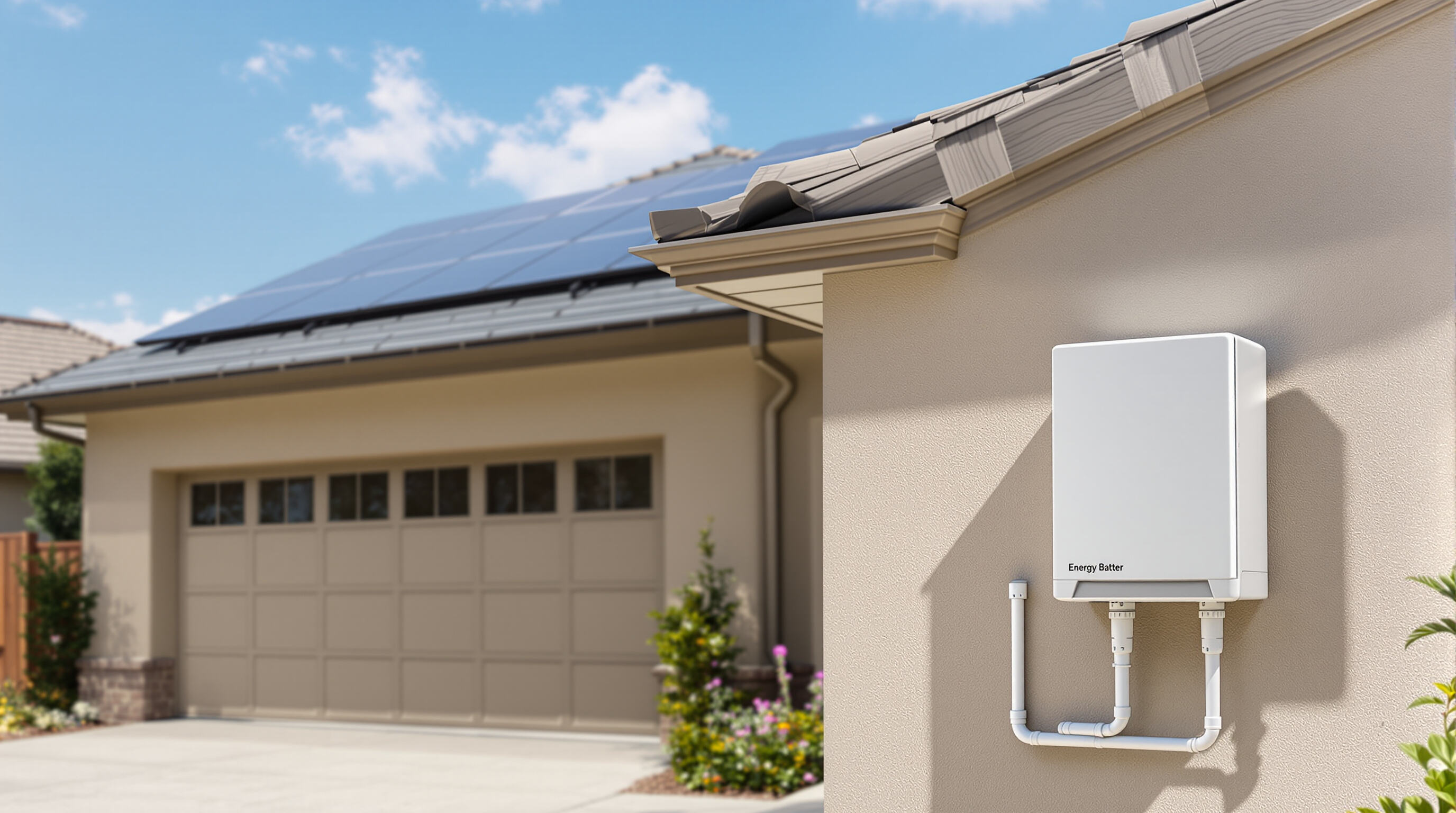 Home with rooftop solar panels and exterior energy storage battery under bright daylight