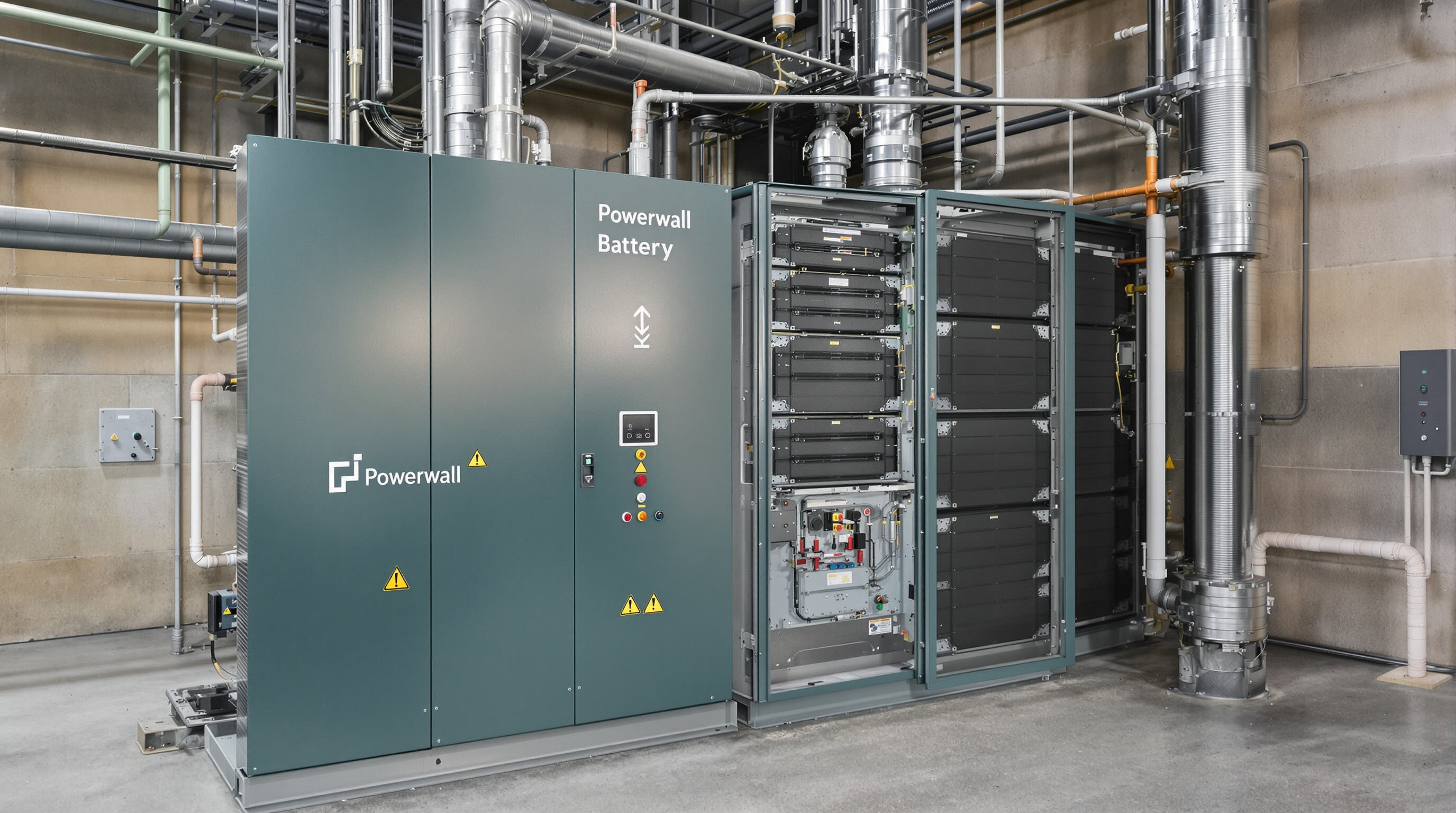 Industrial-grade powerwall battery with cooling system and rugged protective casing in a factory