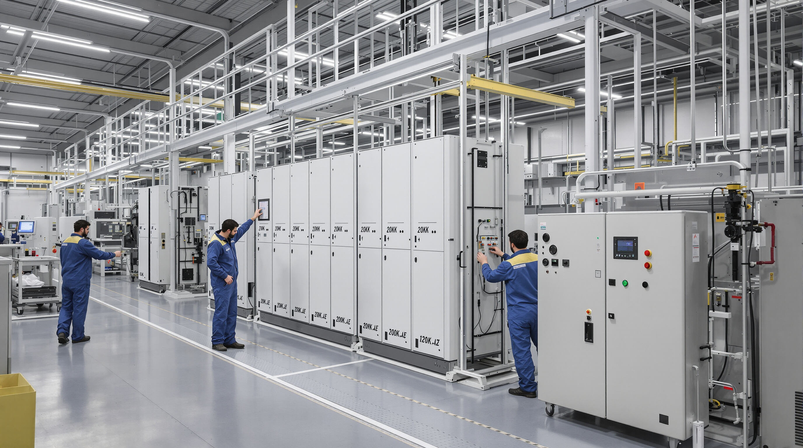 Workers integrate modular lithium battery racks with automated production machinery in a factory setting