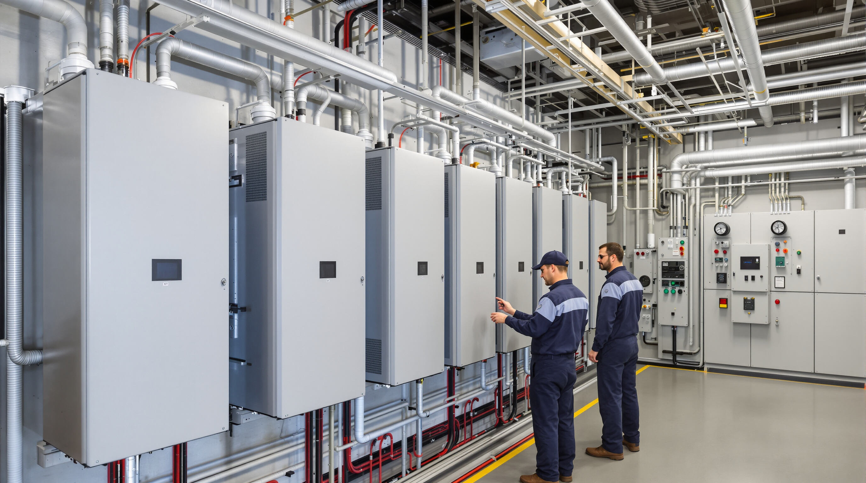 Technicians inspecting commercial wall-mounted battery units in an industrial electrical room