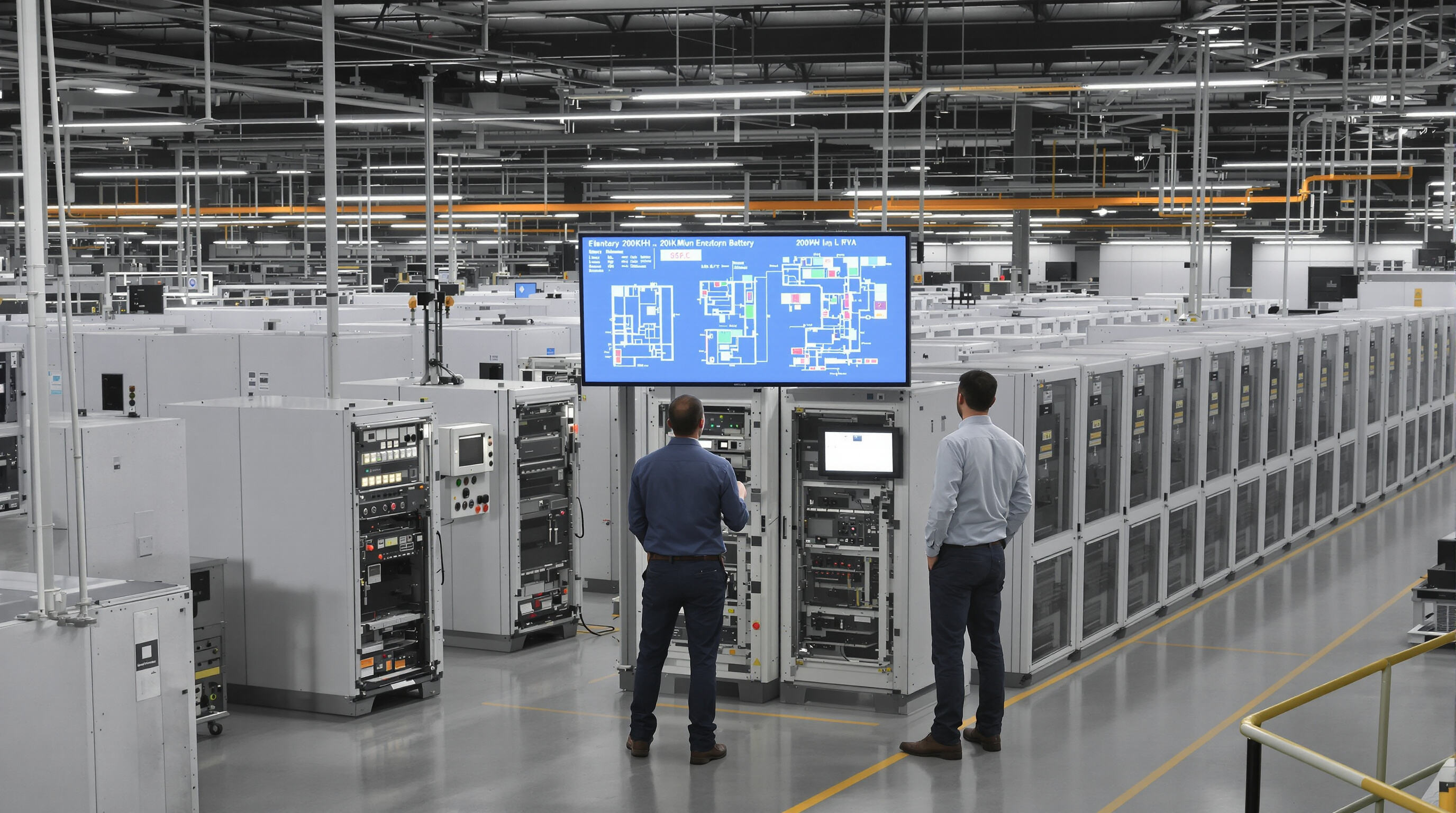 Engineers review a scalable battery setup with space reserved for future expansion in a factory energy room