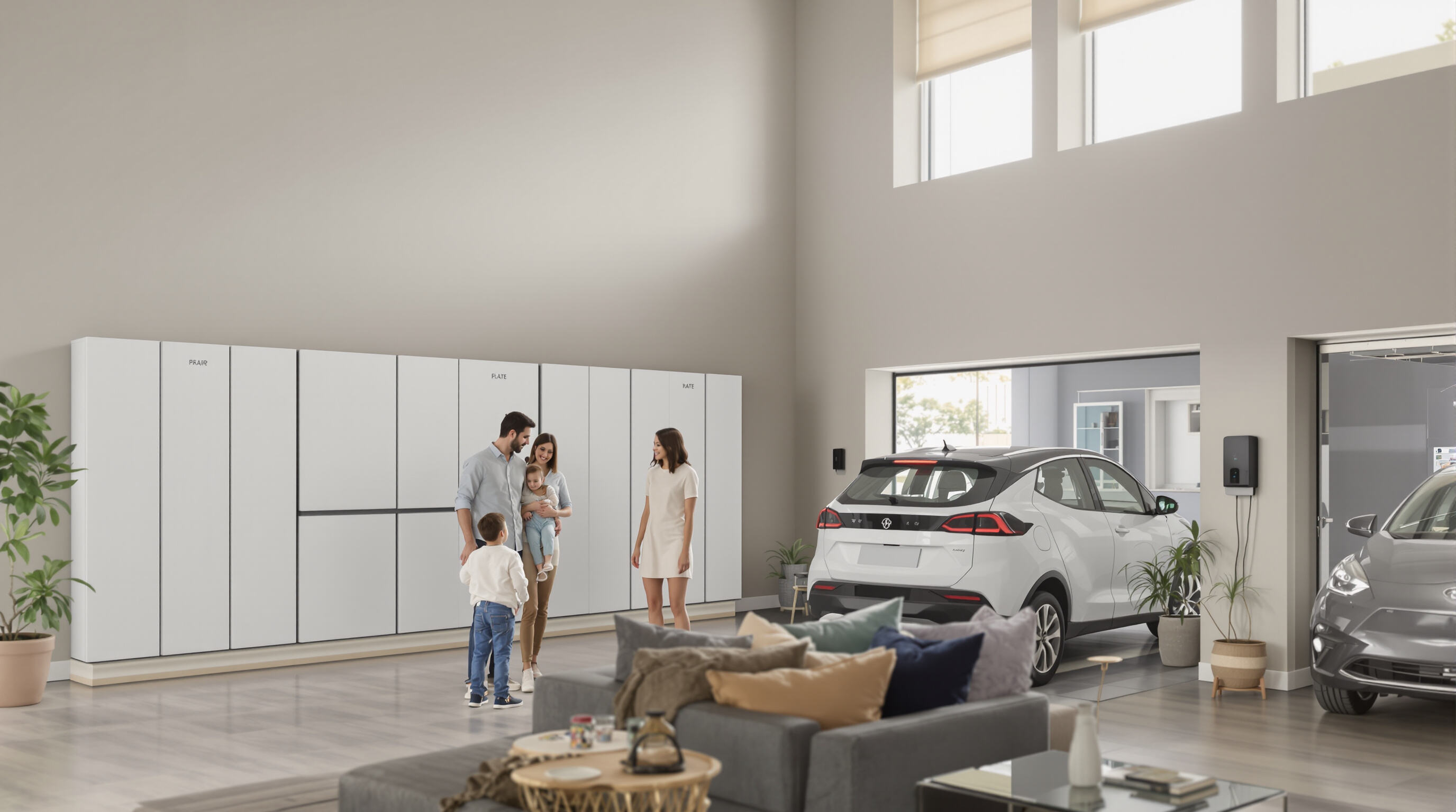 Family in a modern home with modular battery units and electric vehicle charging, illustrating scalable energy storage
