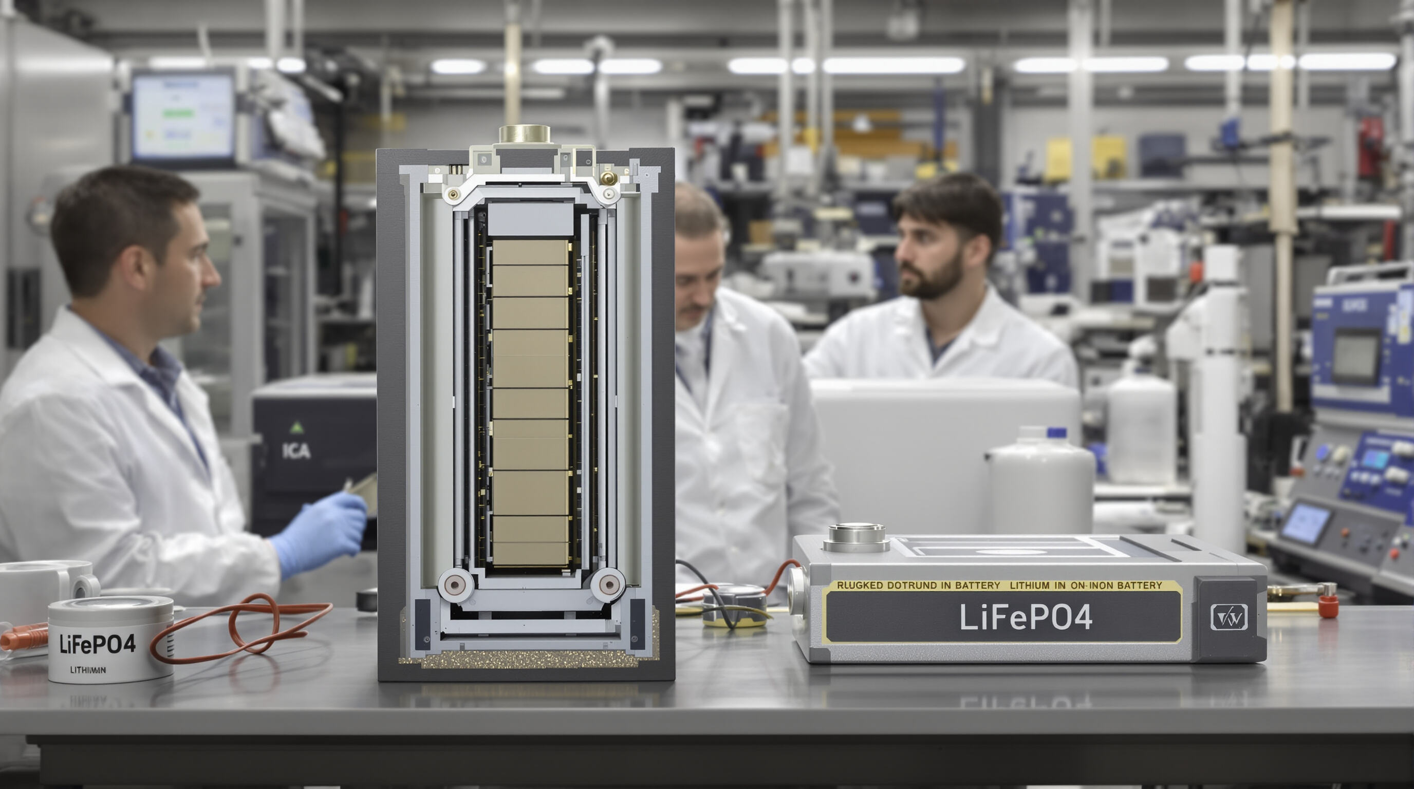 Realistic photo of a LiFePO4 battery and a standard lithium-ion battery in a laboratory setting, showing scientists examining their internal structures.