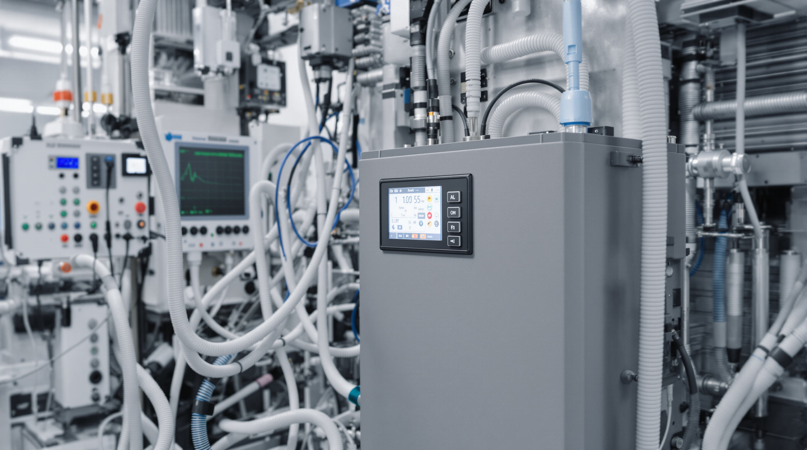 Modern battery pack in a laboratory setting with monitoring equipment and cooling components