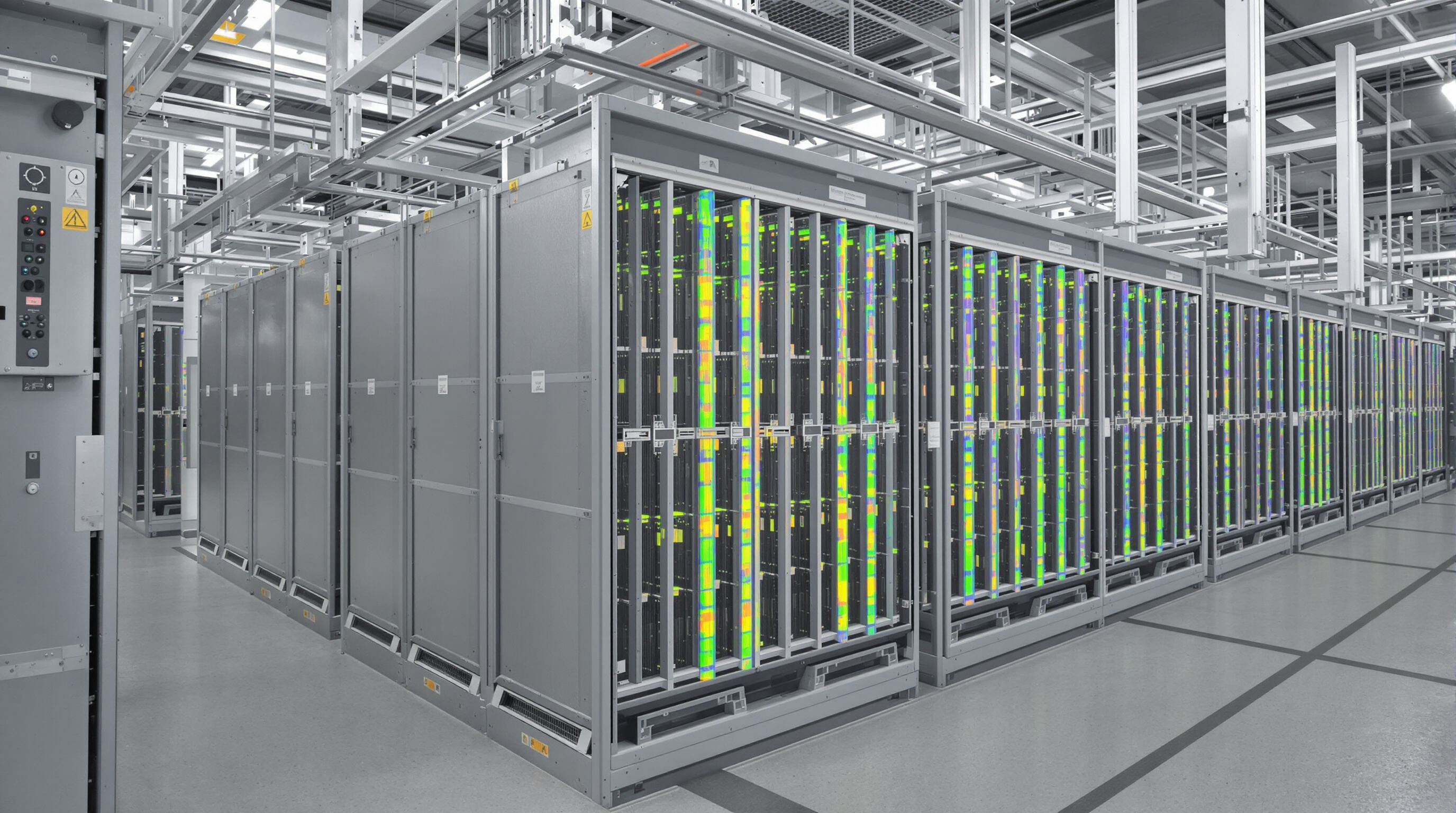 Industrial LiFePO4 battery modules with cooling systems and thermal sensors in a grid-scale storage facility