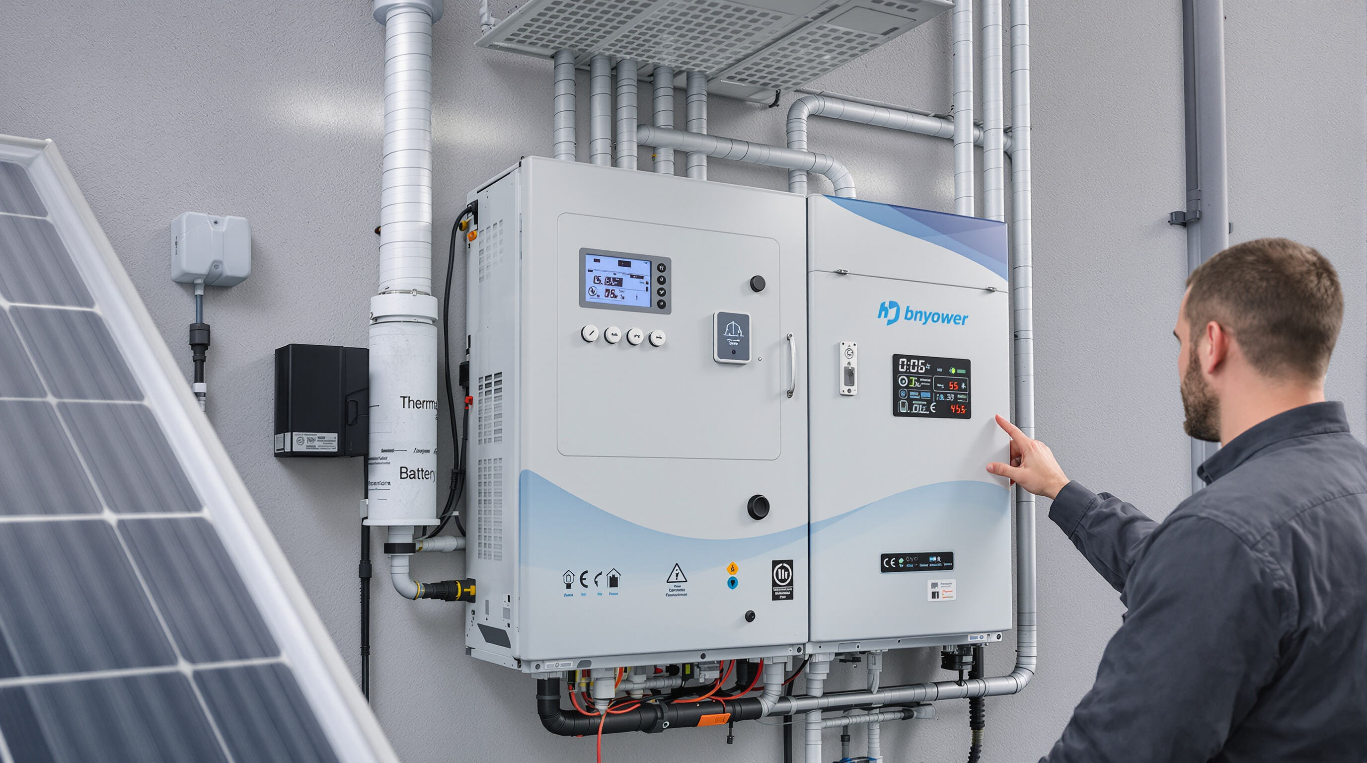 Technician inspecting a wall-mounted battery unit connected to solar panels with visible cooling features