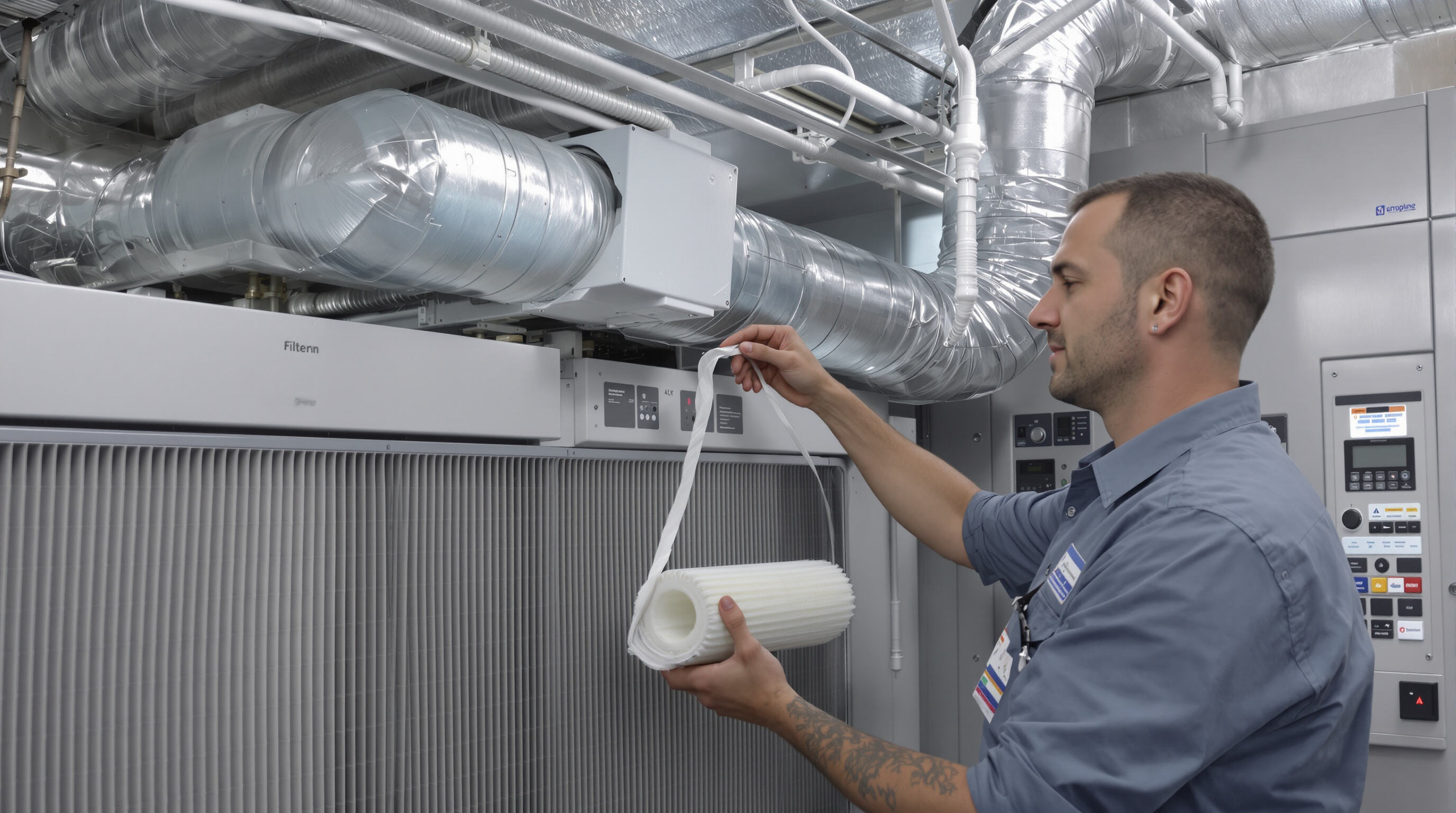 Technician installing a clean air filter cartridge into a commercial HVAC system.