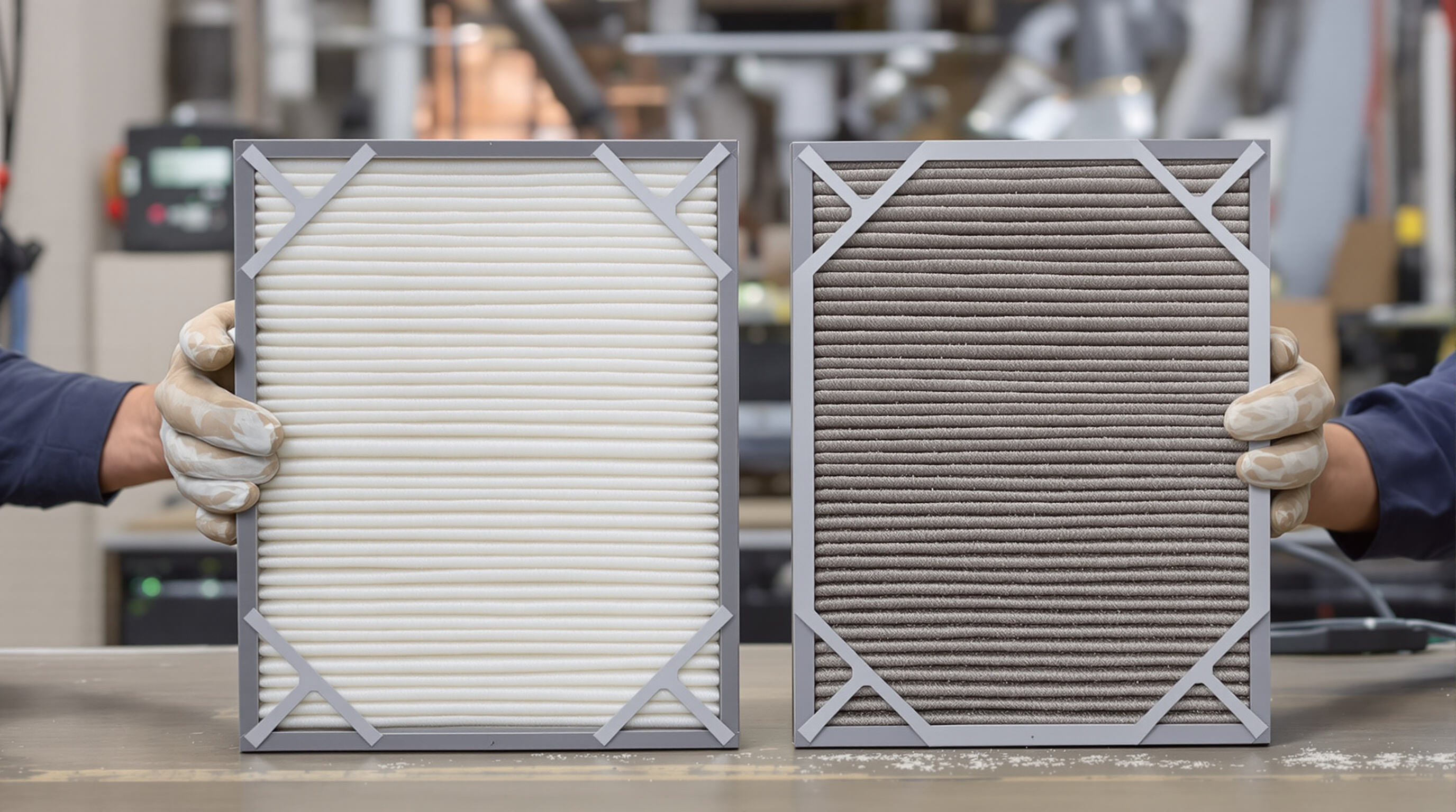 Clean and dirty HVAC air filter cartridges being inspected by a technician in a maintenance area.