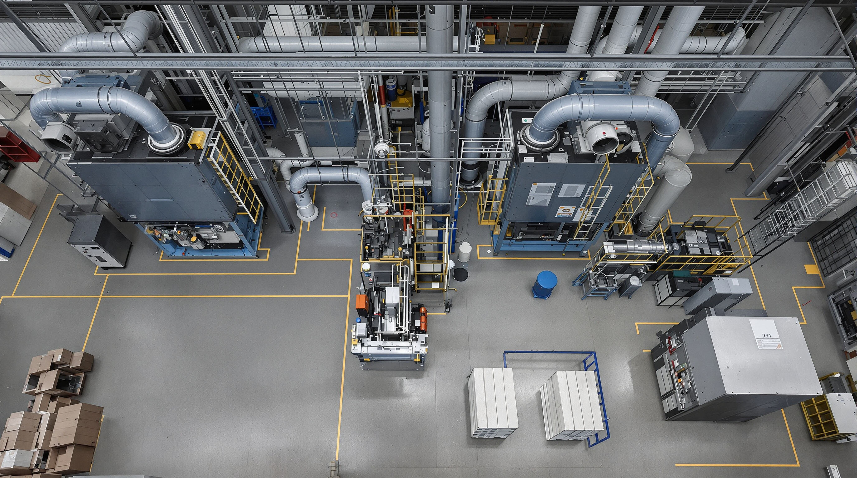 Overhead view of industrial workspace with strategically placed dust collectors, ducts, and suction points near machinery