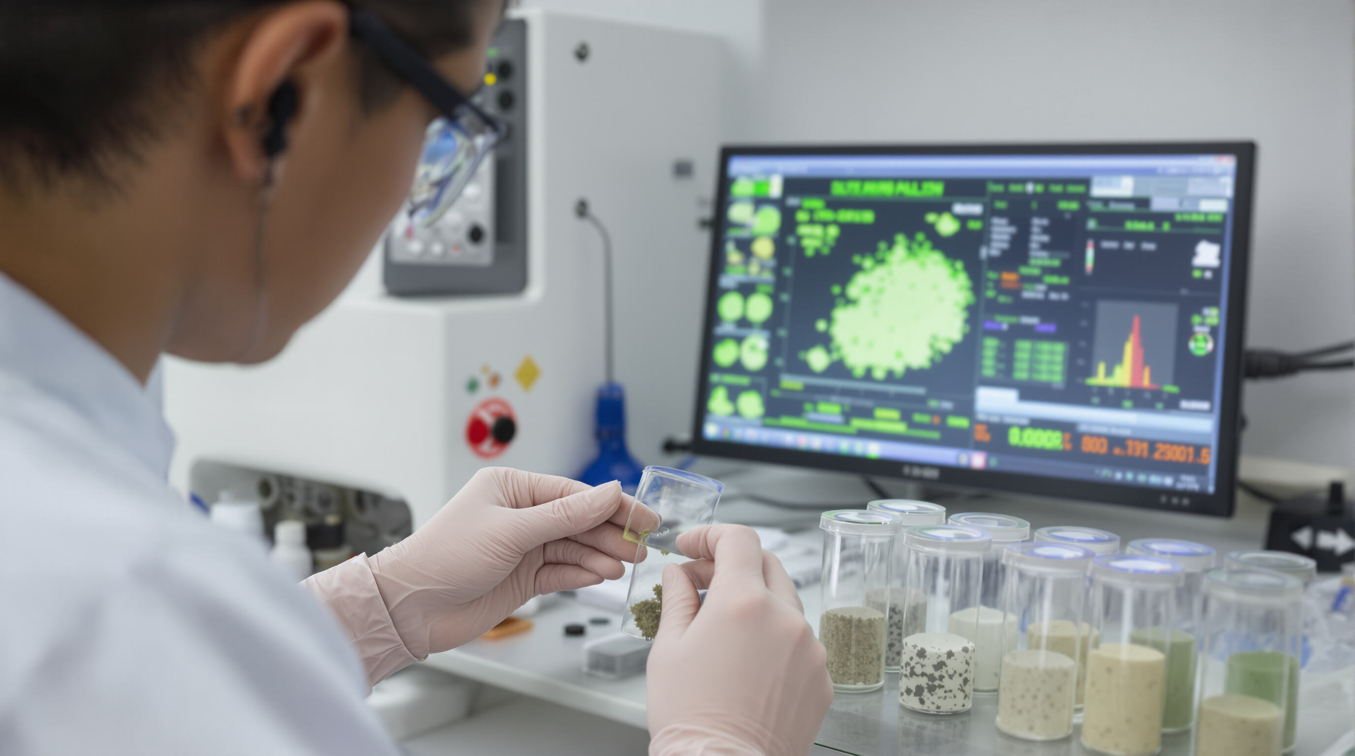Lab technician analyzing dust samples for hazard assessment in a test facility