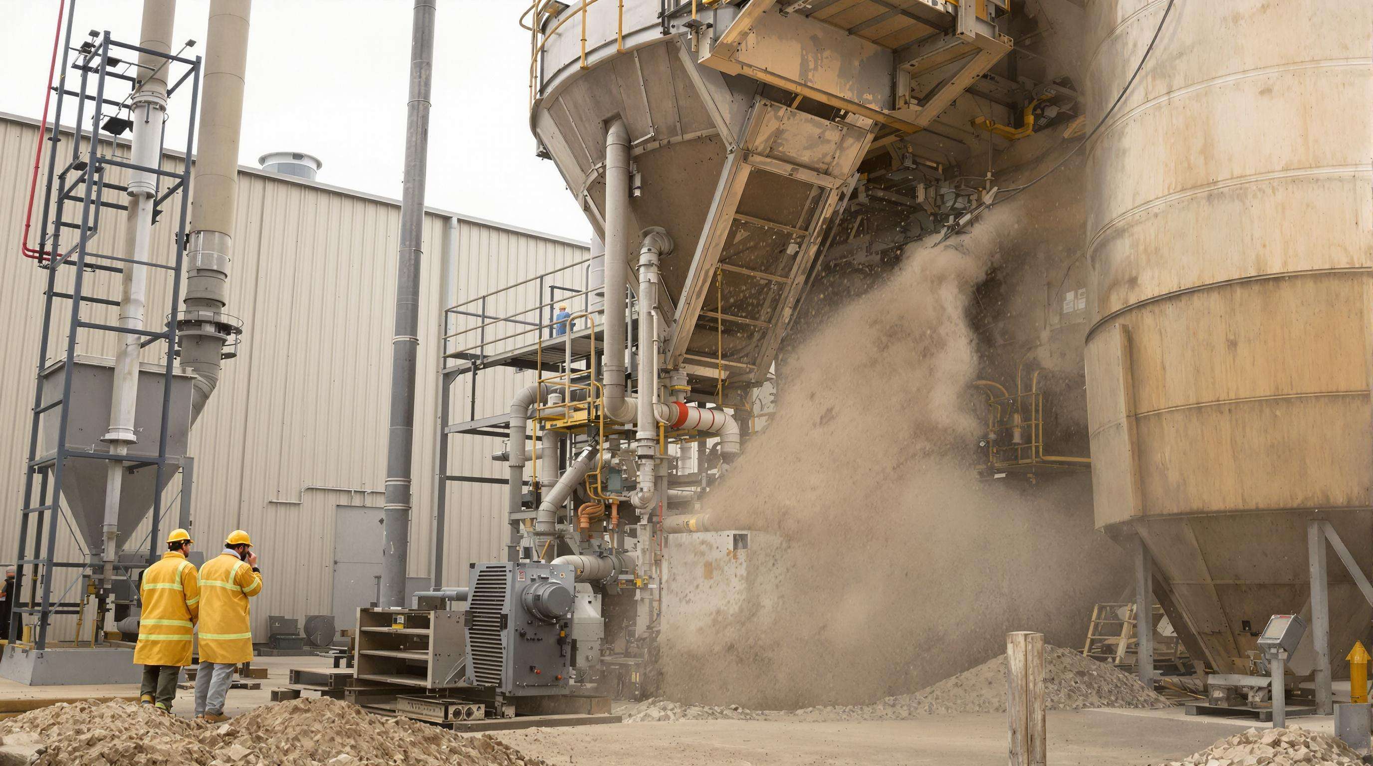 Factory workers using industrial dust collectors to capture airborne particles and improve air safety