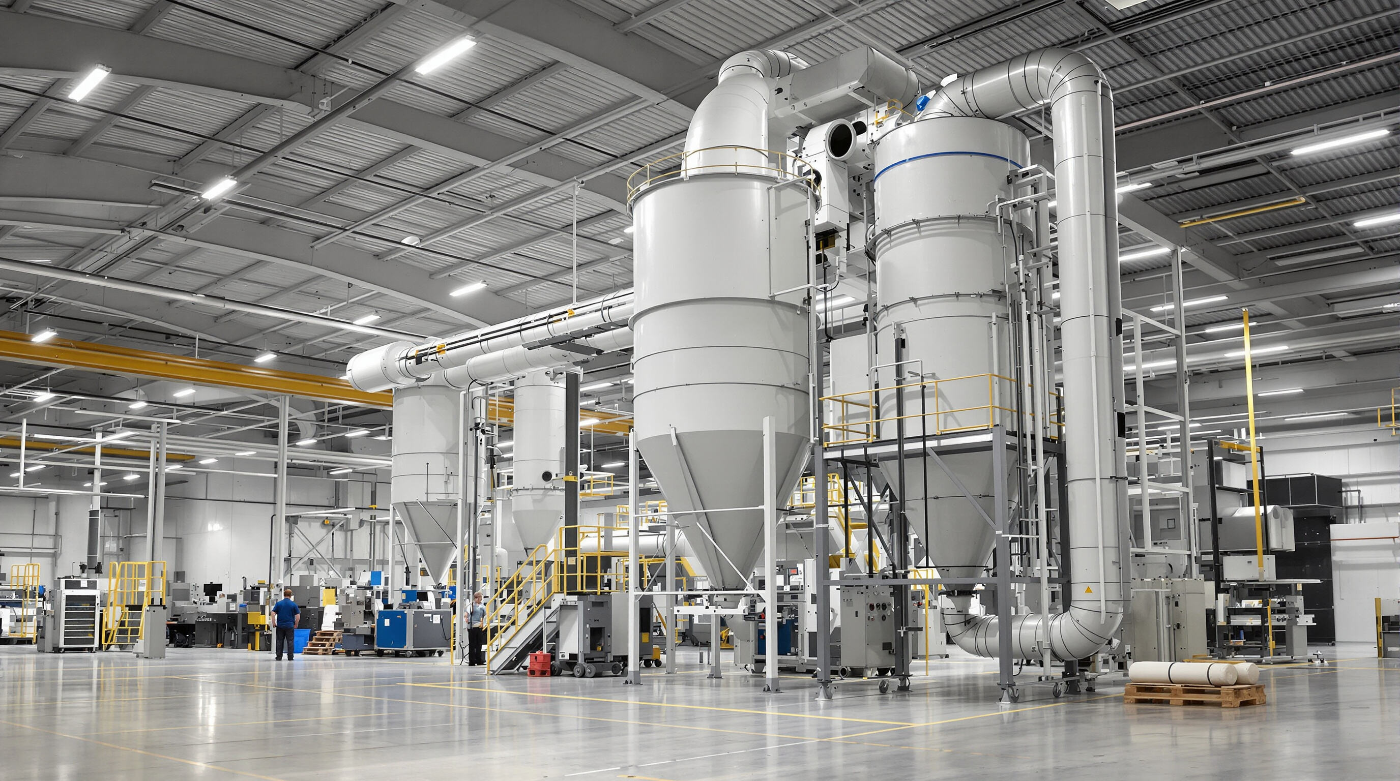 Maintenance staff observing clean machinery and dust collector working in a modern industrial plant
