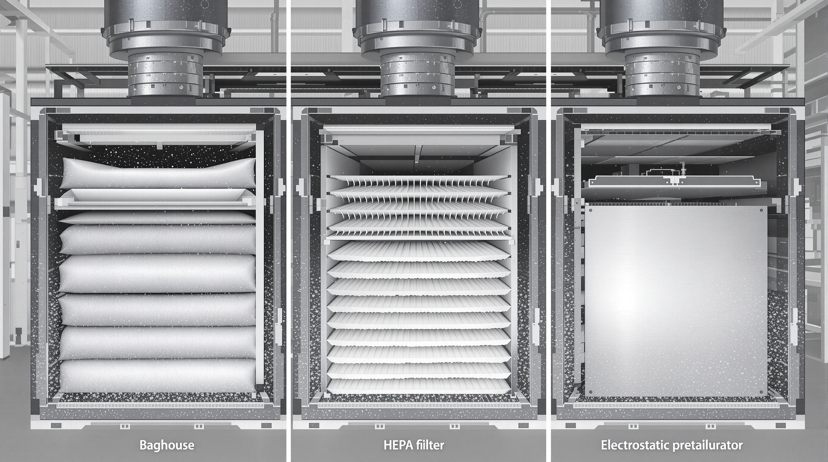 Side-by-side industrial filtration systems showing baghouse, HEPA, and electrostatic units capturing dust particles inside a factory