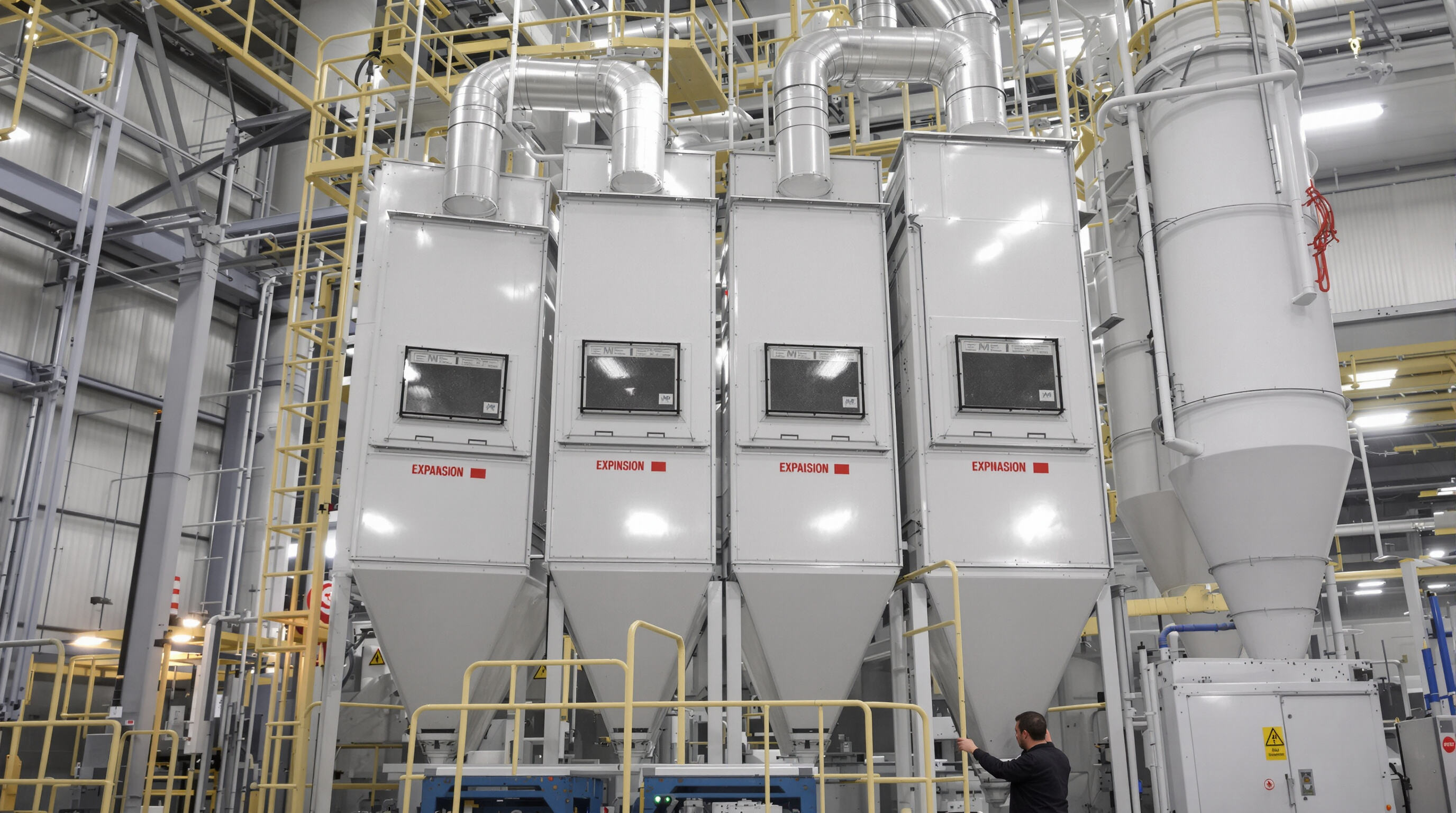 Technician inspecting industrial dust collector with explosion safety features in a factory setting