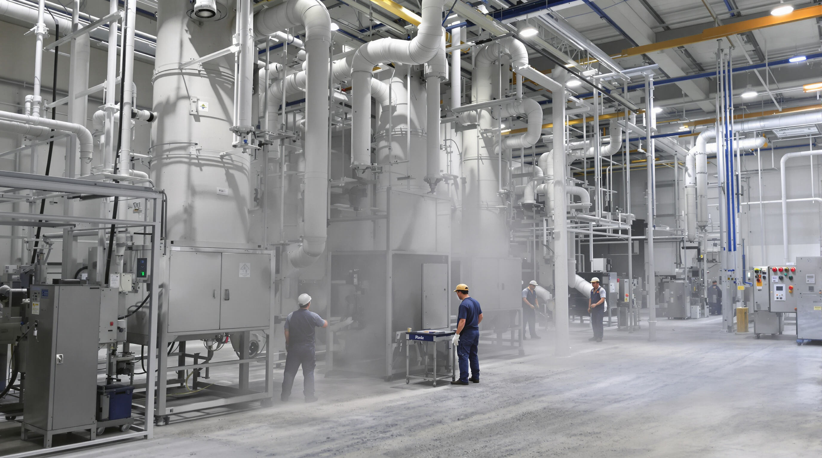 Industrial workers in a factory with dust filtration units removing airborne particles