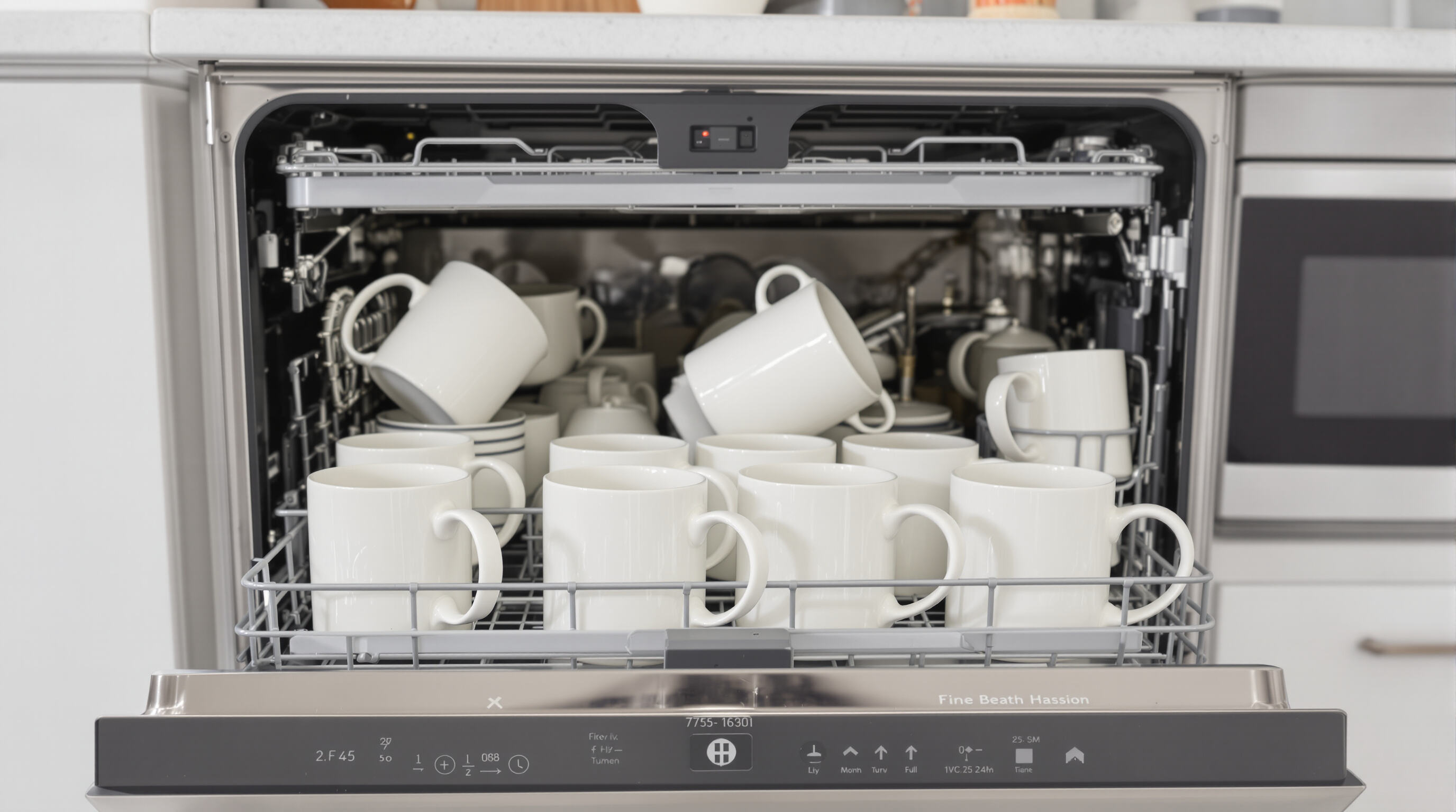 Porcelain coffee mugs displayed in a kitchen setting, illustrating practical features and durability