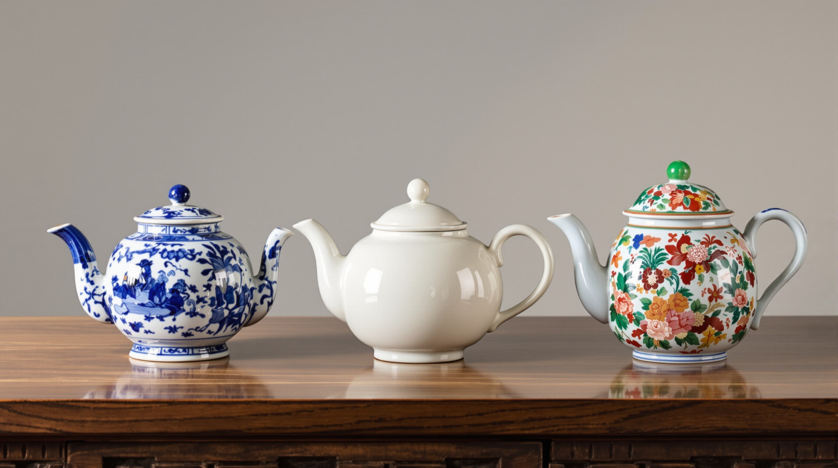 Three regional Chinese porcelain teapots showcasing unique styles and glazes on a wooden table