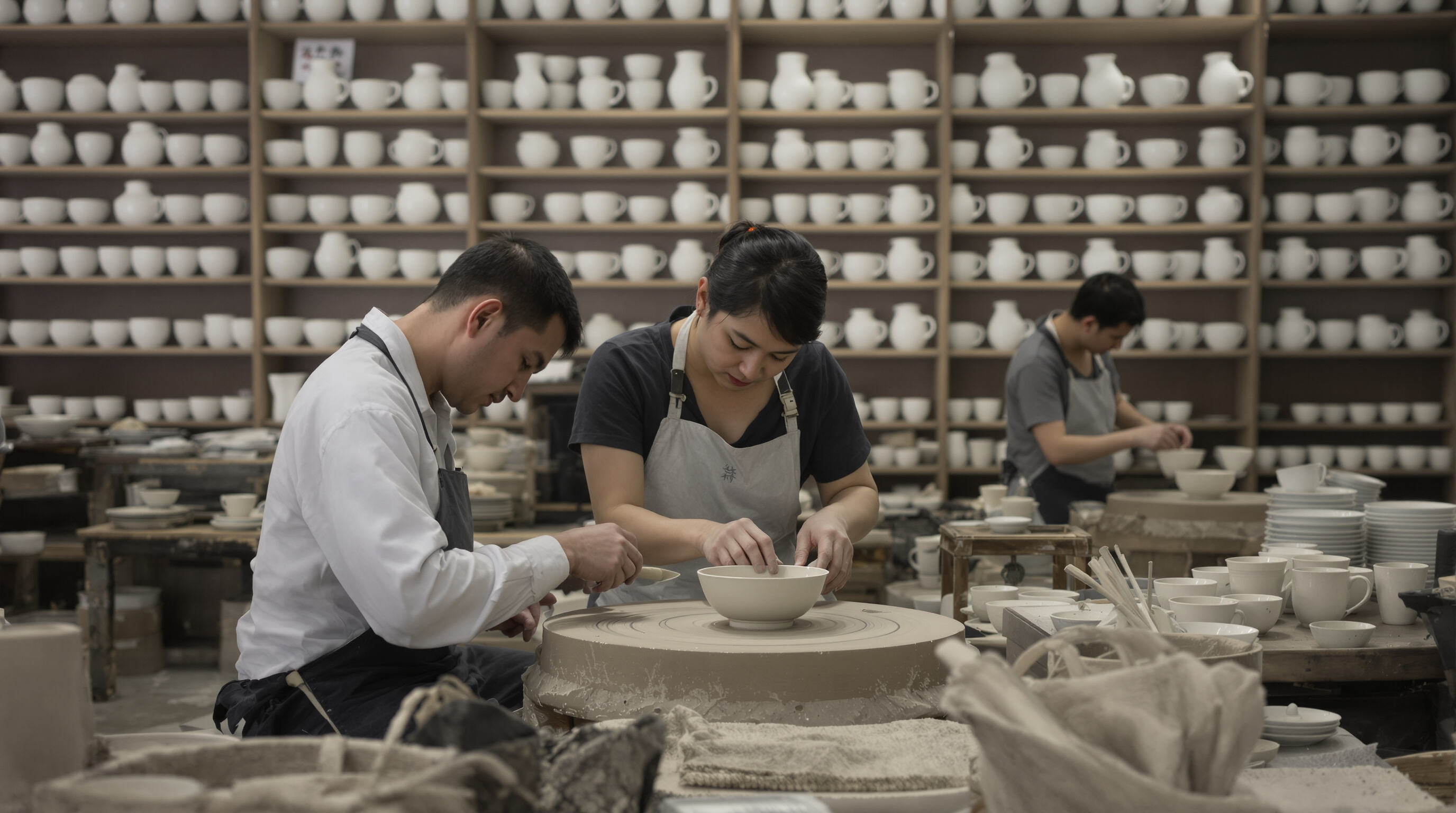 Jingdezhen pottery artisans shaping porcelain teacups in a traditional workshop