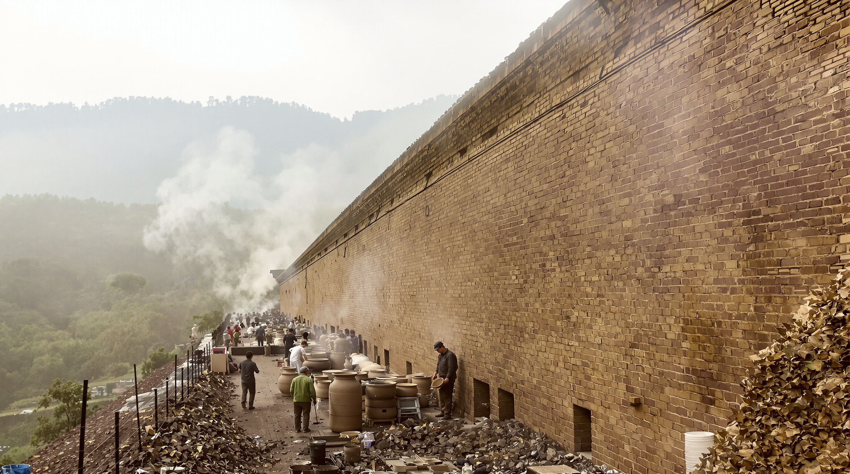 Artisans overseeing a dragon kiln on a misty hillside as smoke rises, with pottery test pieces visible
