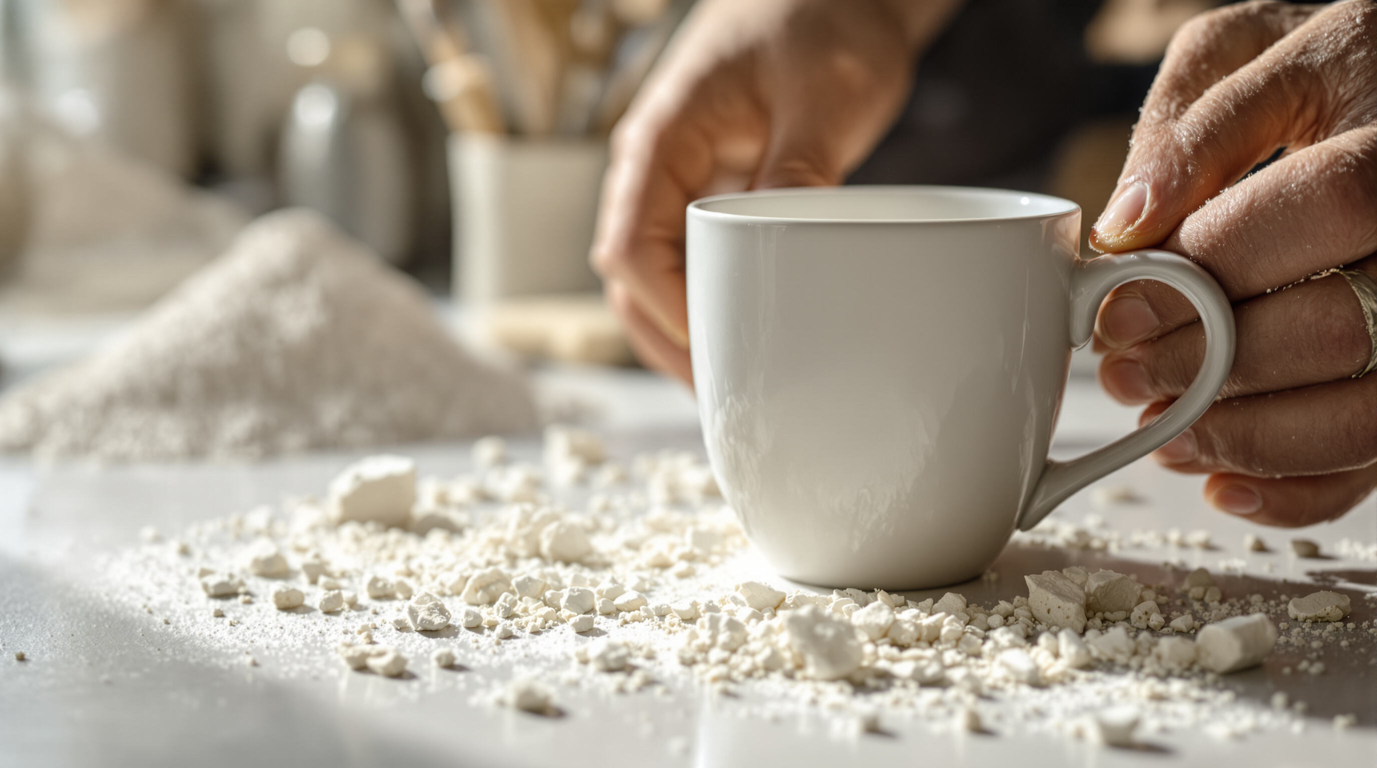 A close-up photo of a fine porcelain coffee mug showing its translucence and raw ceramic materials nearby