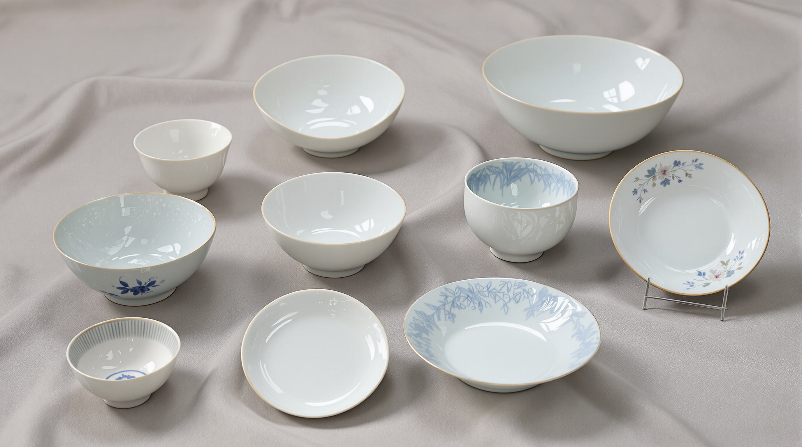 Photo of Chinese porcelain plates and bowls showing differences in shape, depth, and glaze texture